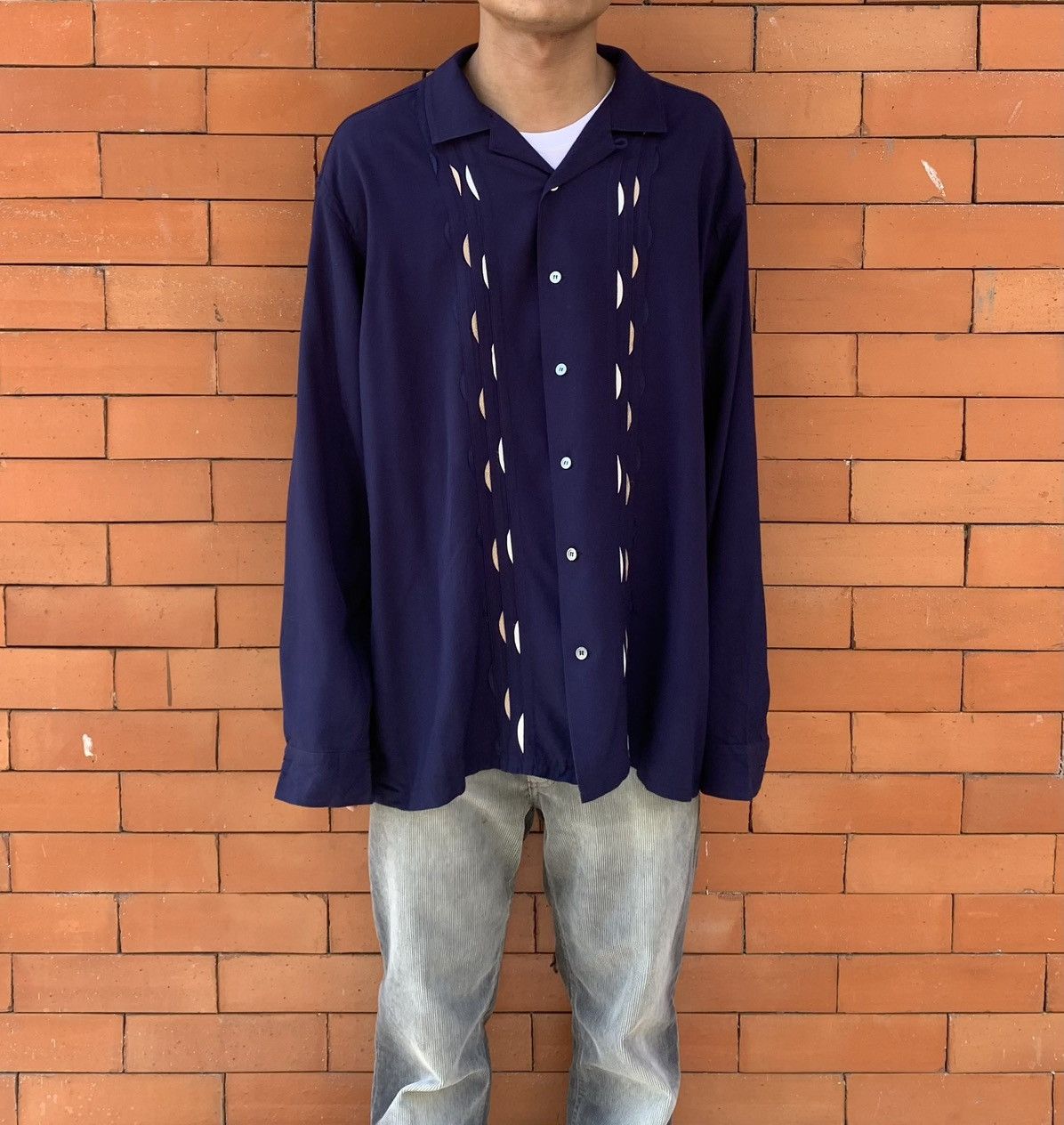 image of Yohji Yamamoto x YS For Men Rayon Paneled Open Collar Shirt in Navy, Men's (Size Medium)