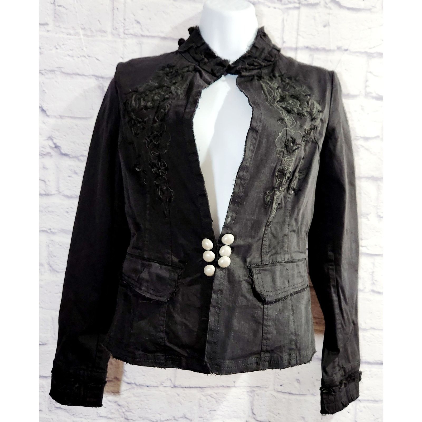 Other Gypsy & Co Black Embroidered Floral Band Collar Jacket Small Size S / US 4 / IT 40 - 1 Thumbnail