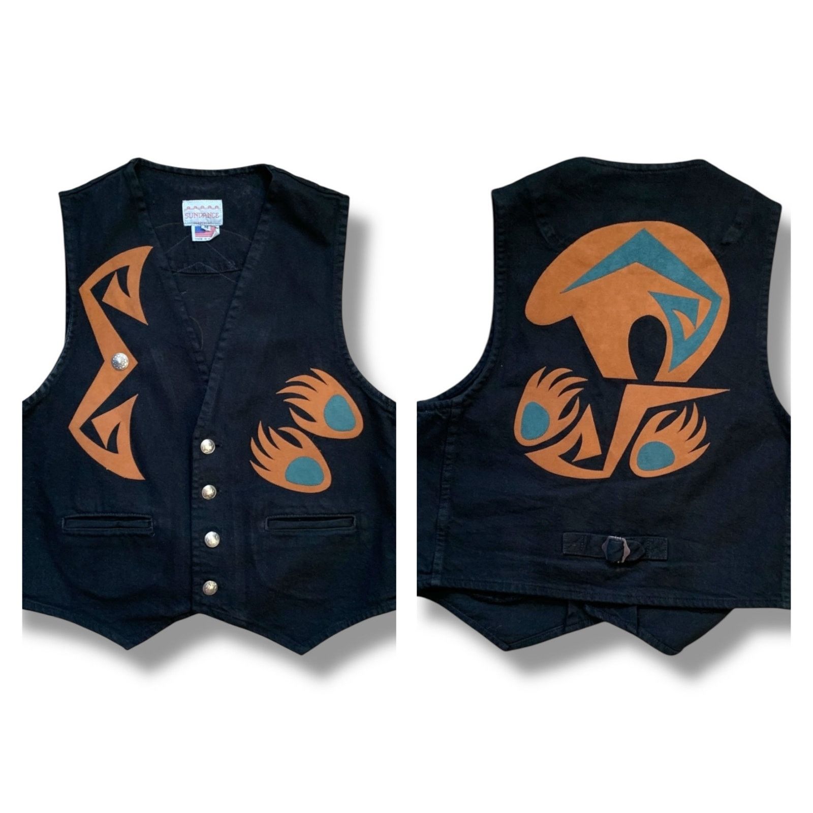 Vintage Vintage Sundance Denim Black Western Tribal Graphic Vest Size US M / EU 48-50 / 2 - 1 Thumbnail