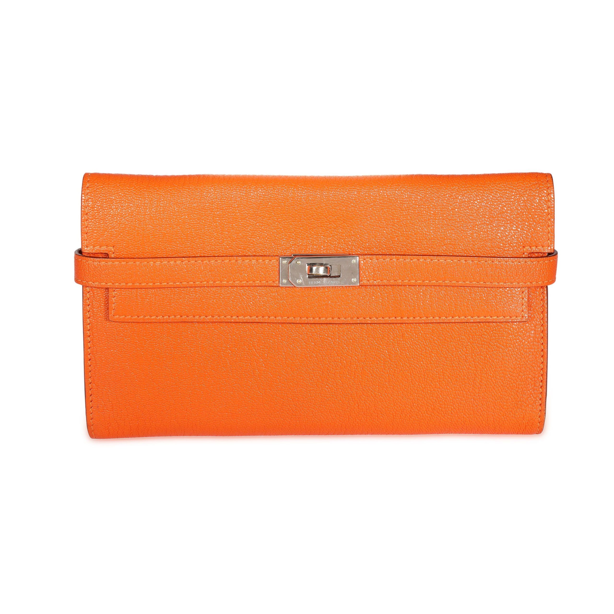 image of Hermes Orange Chévre Mysore Kelly Wallet With Palladium Hardware in Brown, Women's