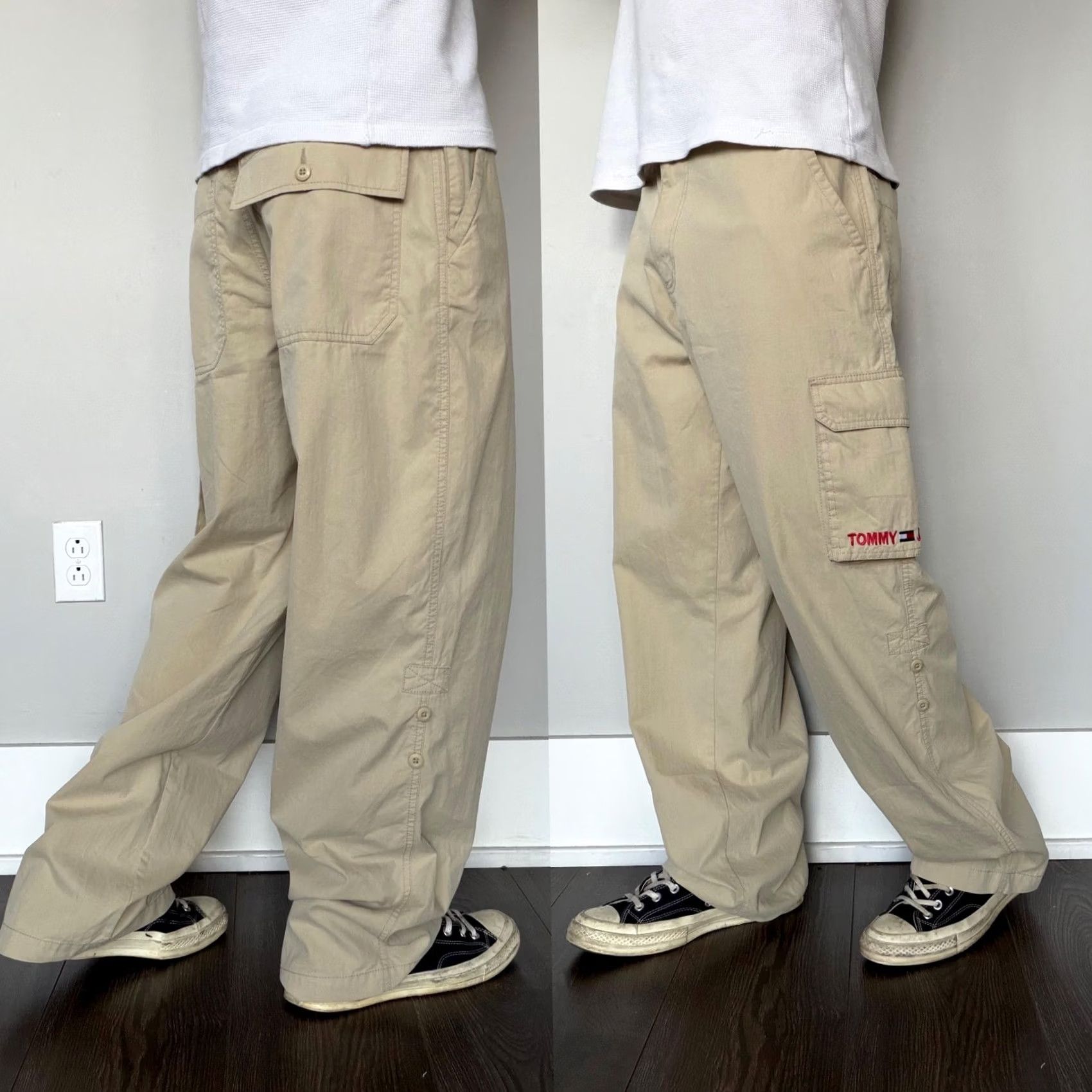 Tommy Hilfiger Y2K Baggy Cargo Pants Tommy Jeans 33x31 Beige Wide Leg Pockets Skater Workwear Mens Cargo Pants Beige Tommy Jeans Wide-Leg Size US 33 - 2 Thumbnail
