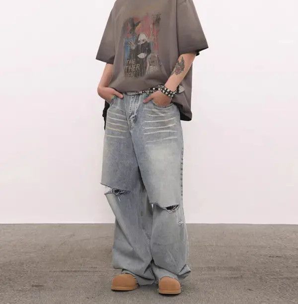 Japanese Brand VIBE Washed vintage distressed ripped fringed baggy jeans Size US 32 / EU 48 - 5 Thumbnail