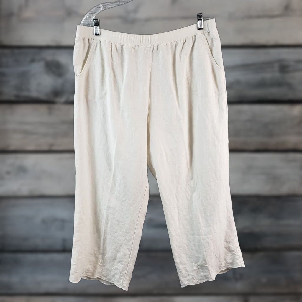 J. Jill J. Jill Womens Cropped Linen Pants Sz Large Petite Ivory Embroidered Hem Pants ShirtN/A Size 36" / US 14 / IT 50 - 1 Thumbnail