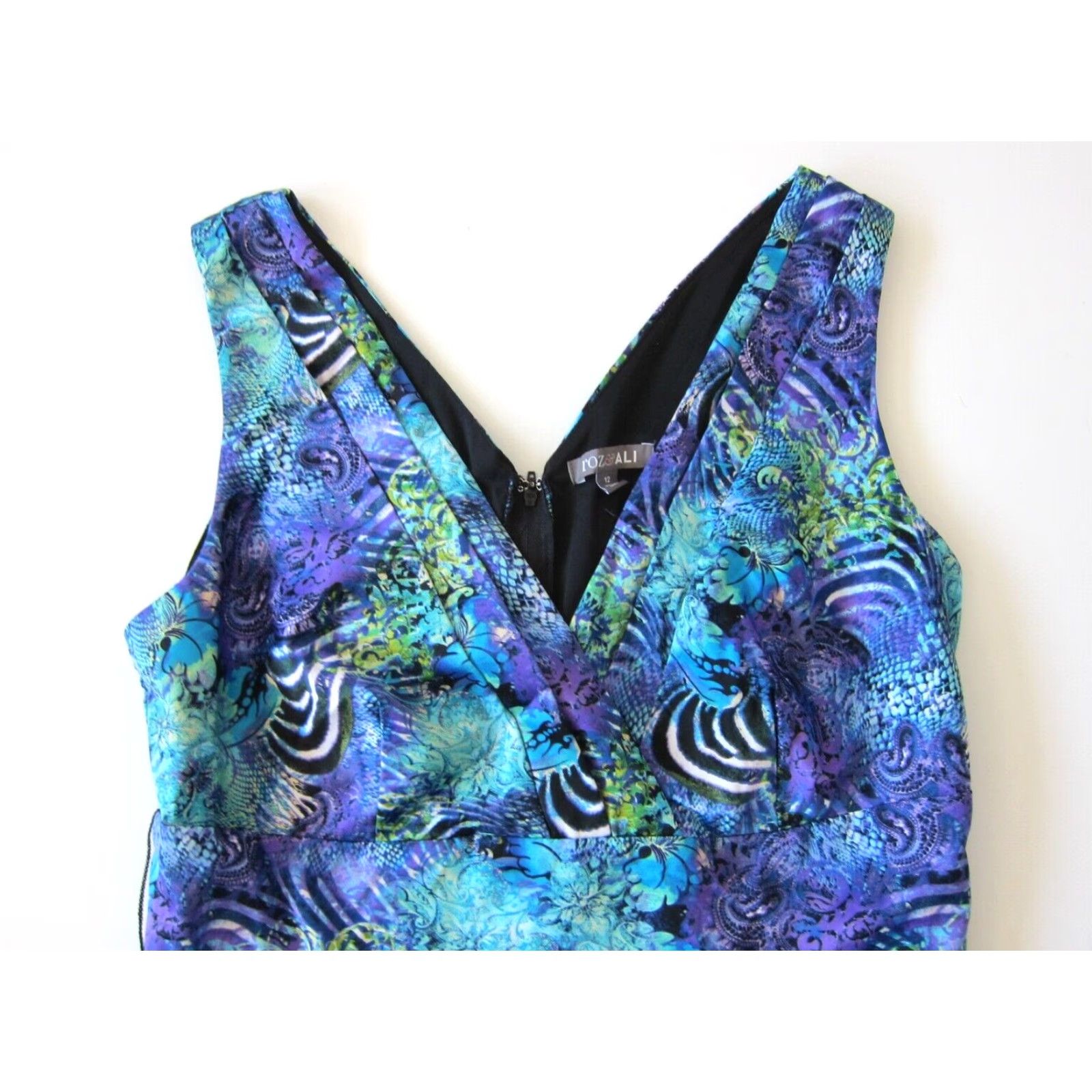 Vintage Roz & Ali V-Neck Pocket Empire Tank Dress 12 Purple Floral Abstract Green Blue Purple Sleeveless Women's Dress 12 Size XL / US 12-14 / IT 48-50 - 3 Thumbnail