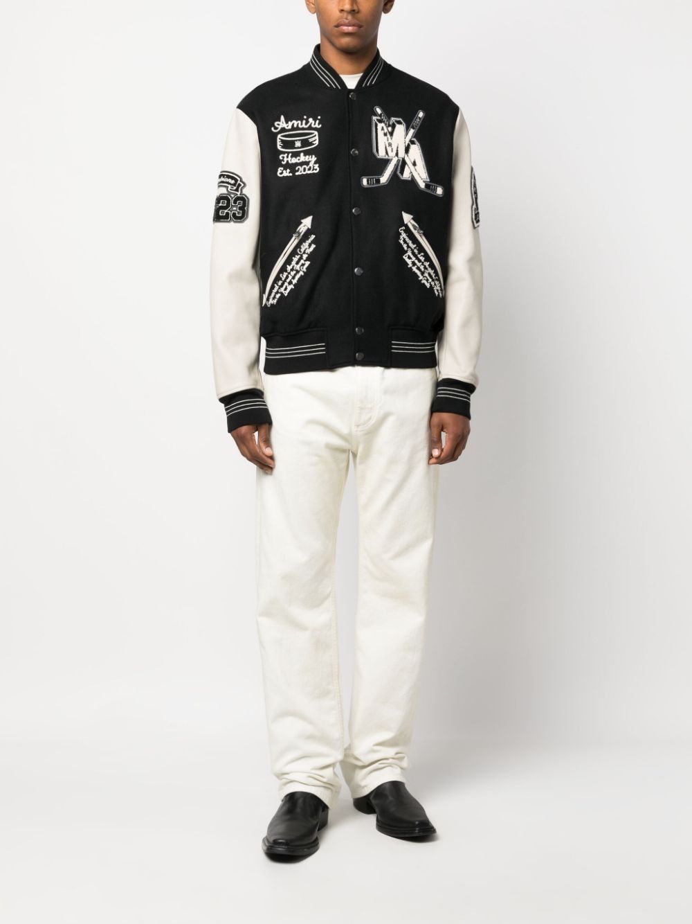 Amiri o1w1db10125 Logo-Appliqué Varsity Bomber Jacket Black/White Size US L / EU 52-54 / 3 - 2 Thumbnail