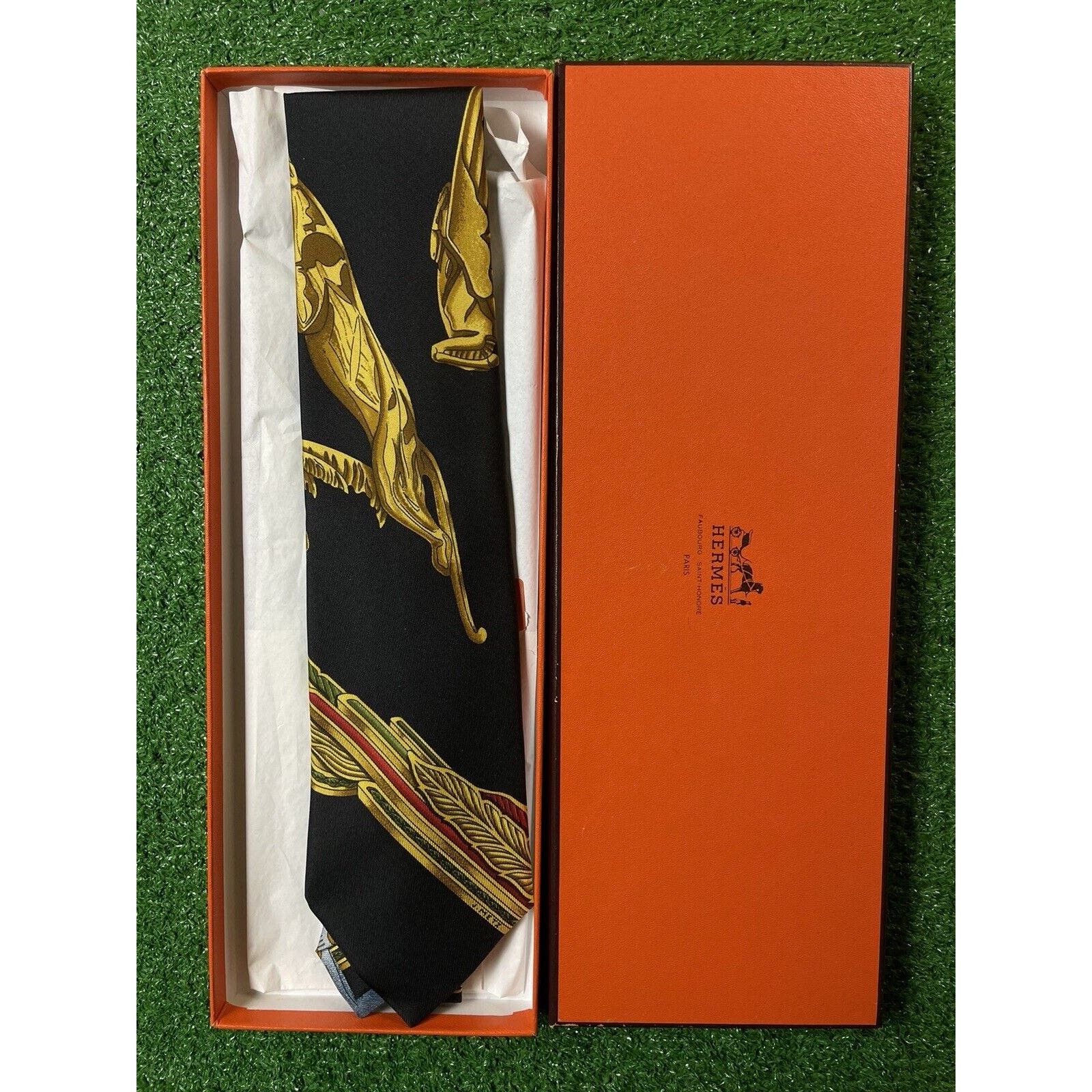 image of Vintage Hermes Silk Black Gold Horse Tie With Original Box, Men's