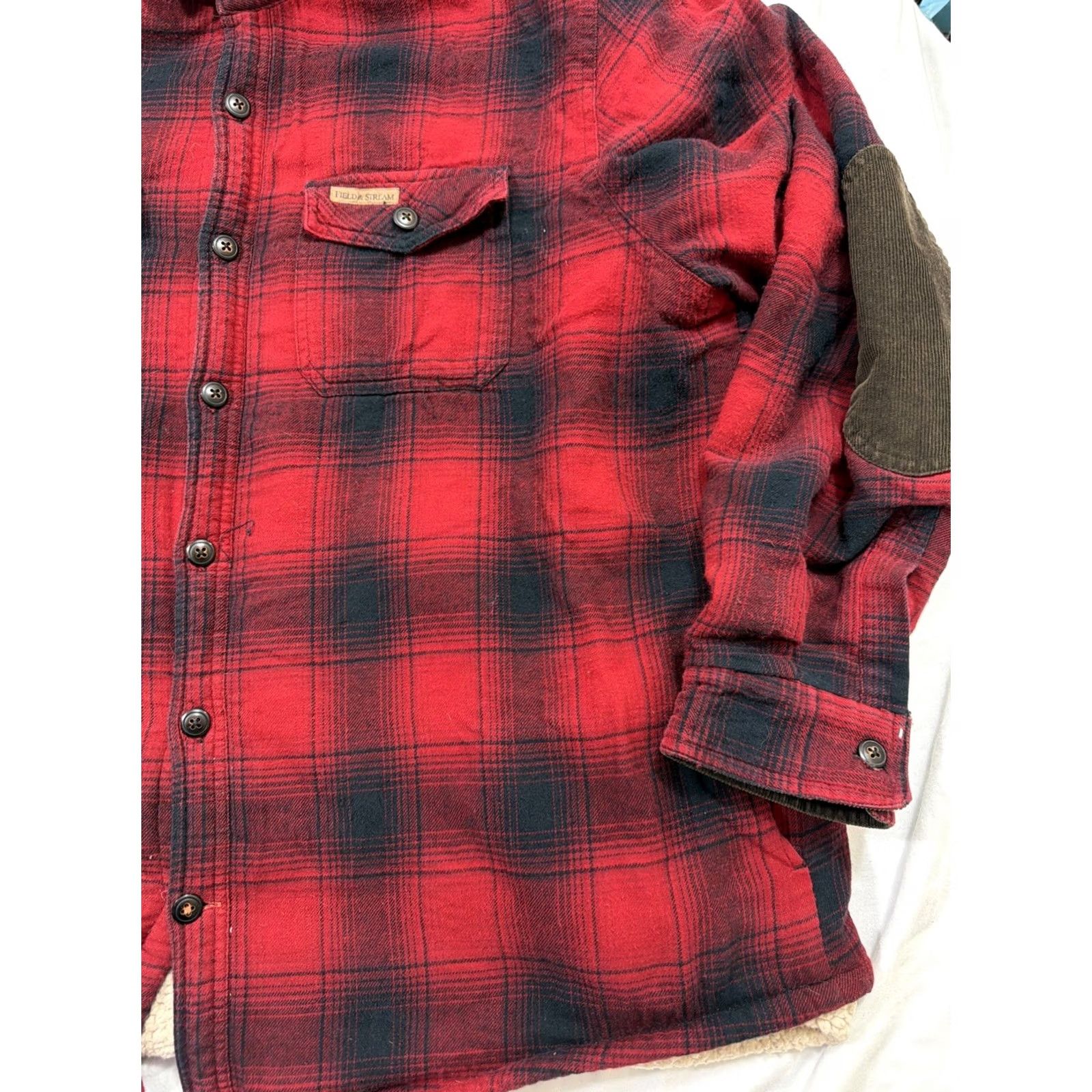 Vintage VINTAGE Field & Stream Jacket Mens XL Red Plaid Sherpa Lined Flannel Shacket Cord Elbows Size US XL / EU 56 / 4 - 5 Thumbnail
