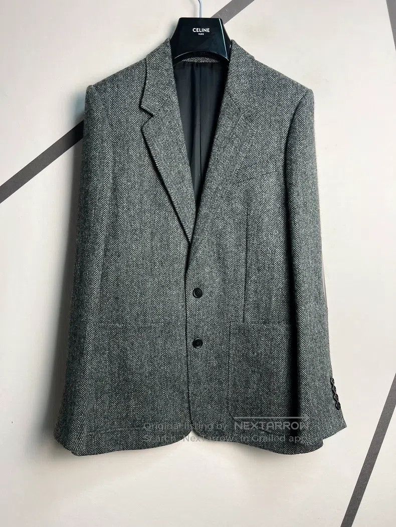 Celine Elbow Leather Patch Herringbone Wool Blazer