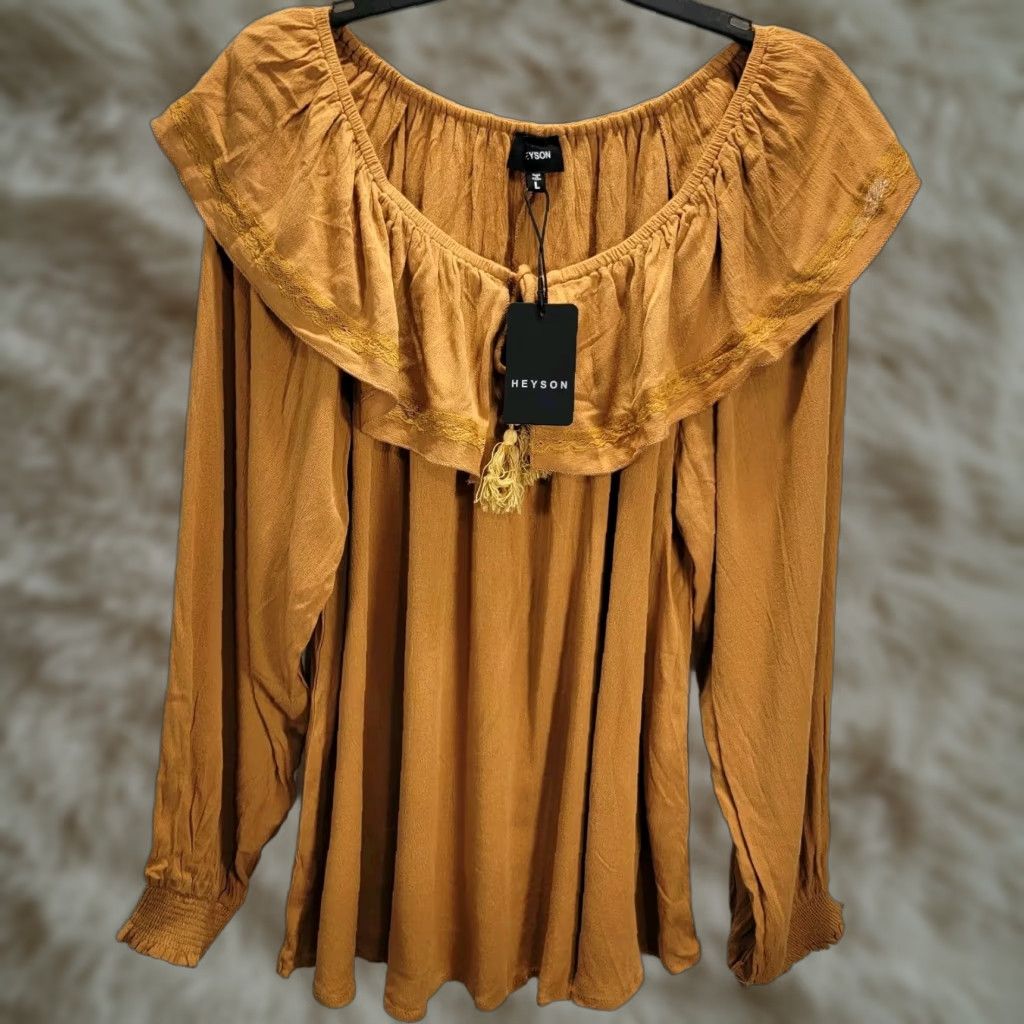 Vintage Heyson Brown Off The Shoulder Boho Blouse Shirt Flounce Soft Long Sleeve L NWT Size L / US 10 / IT 46 - 1 Thumbnail