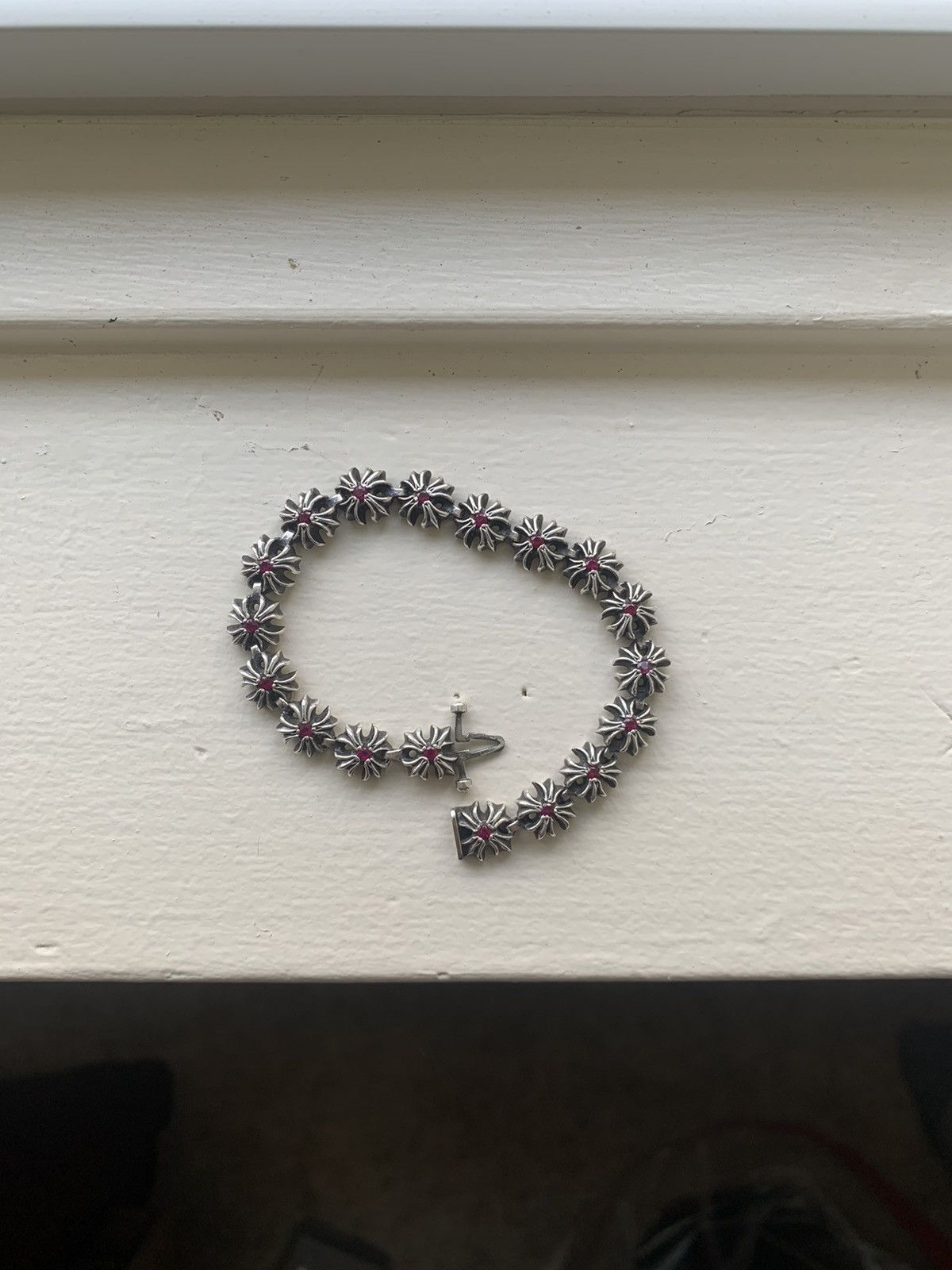 image of Chrome Hearts Pave Ruby Silver Tiny Plus Bracelet, Men's