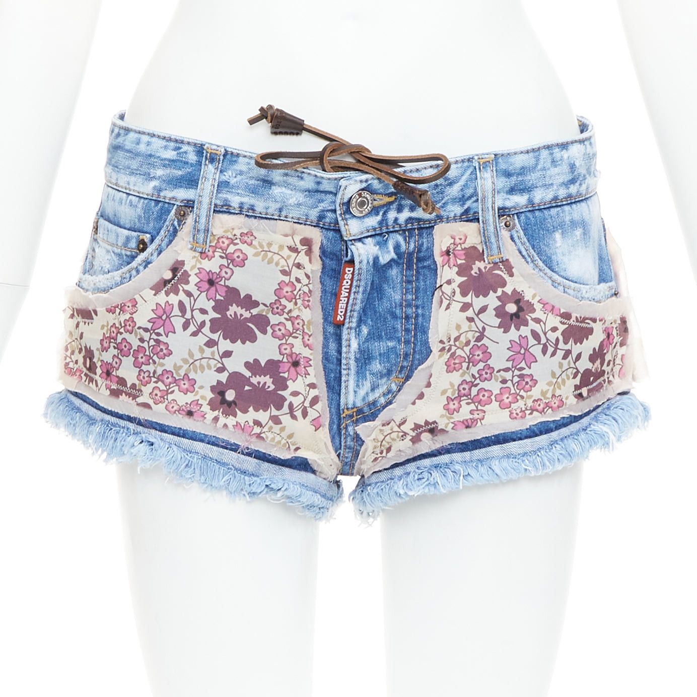 Dsquared2 DSQUARED2 pink floral patch blue denim logo cut off mini shorts IT38 XS Size 26" / US 2 / IT 38 - 1 Thumbnail