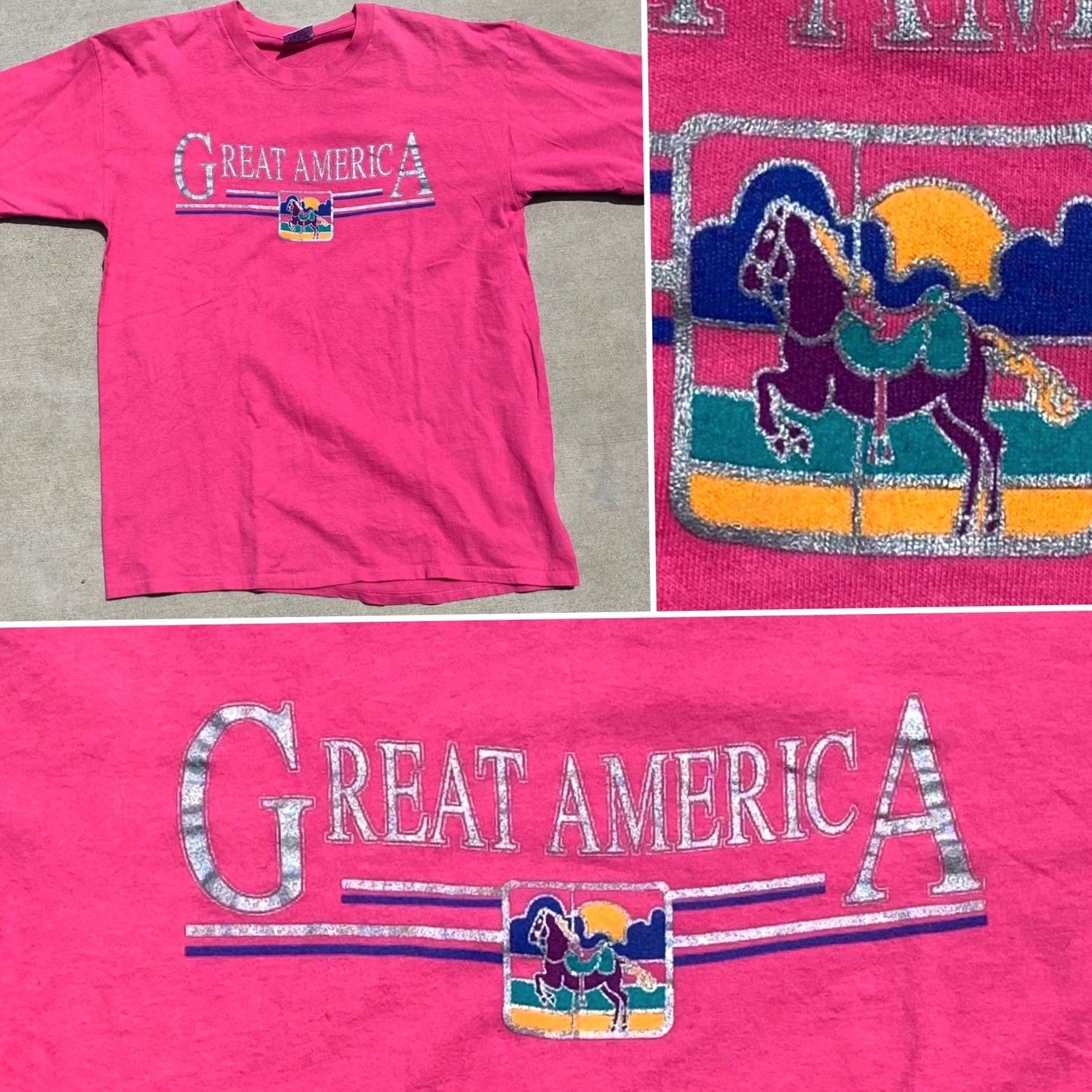 Vintage VINTAGE Great America T-Shirt XL Wellington Apparel Sport Unisex Graphic Tee 1990s Pink Carousel Horse Men Women Boys Girls Size US XL / EU 56 / 4 - 4 Thumbnail