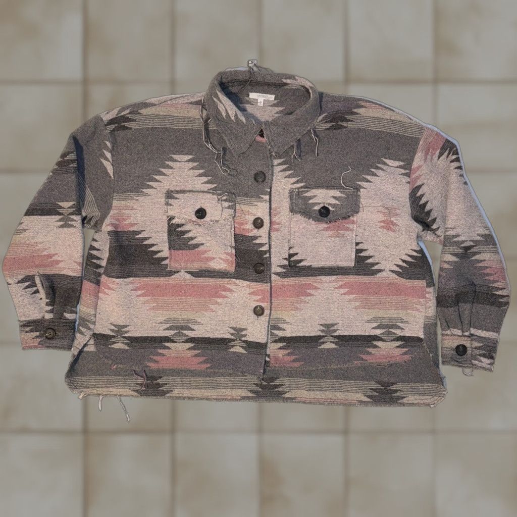 Vintage Veveret Pink & Gray Southwestern Aztec Flannel Shacket L Women's Jacket, Casual, Pockets, Button Closure Size L / US 10 / IT 46 - 1 Thumbnail
