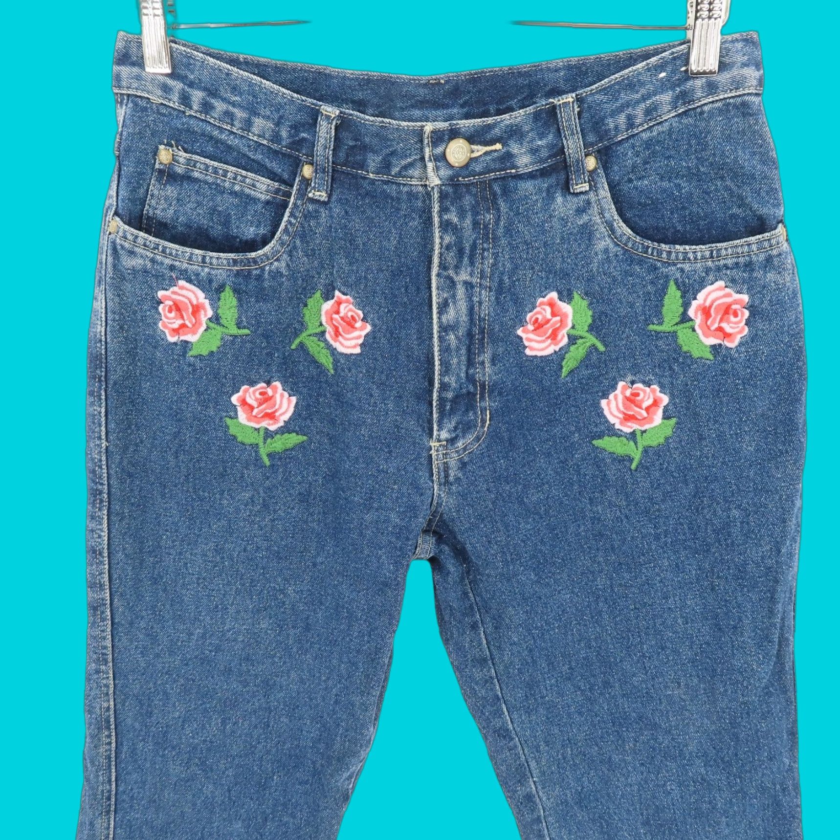VTG Bill Blass Jeans Denim 5-Pocket Embroidered Floral Petite 12P Womens blue Flower Mom Denim Jeans
