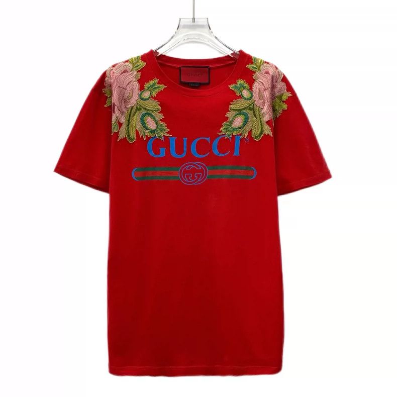 Gucci Red logo floral embroidered cotton round-neck short-s