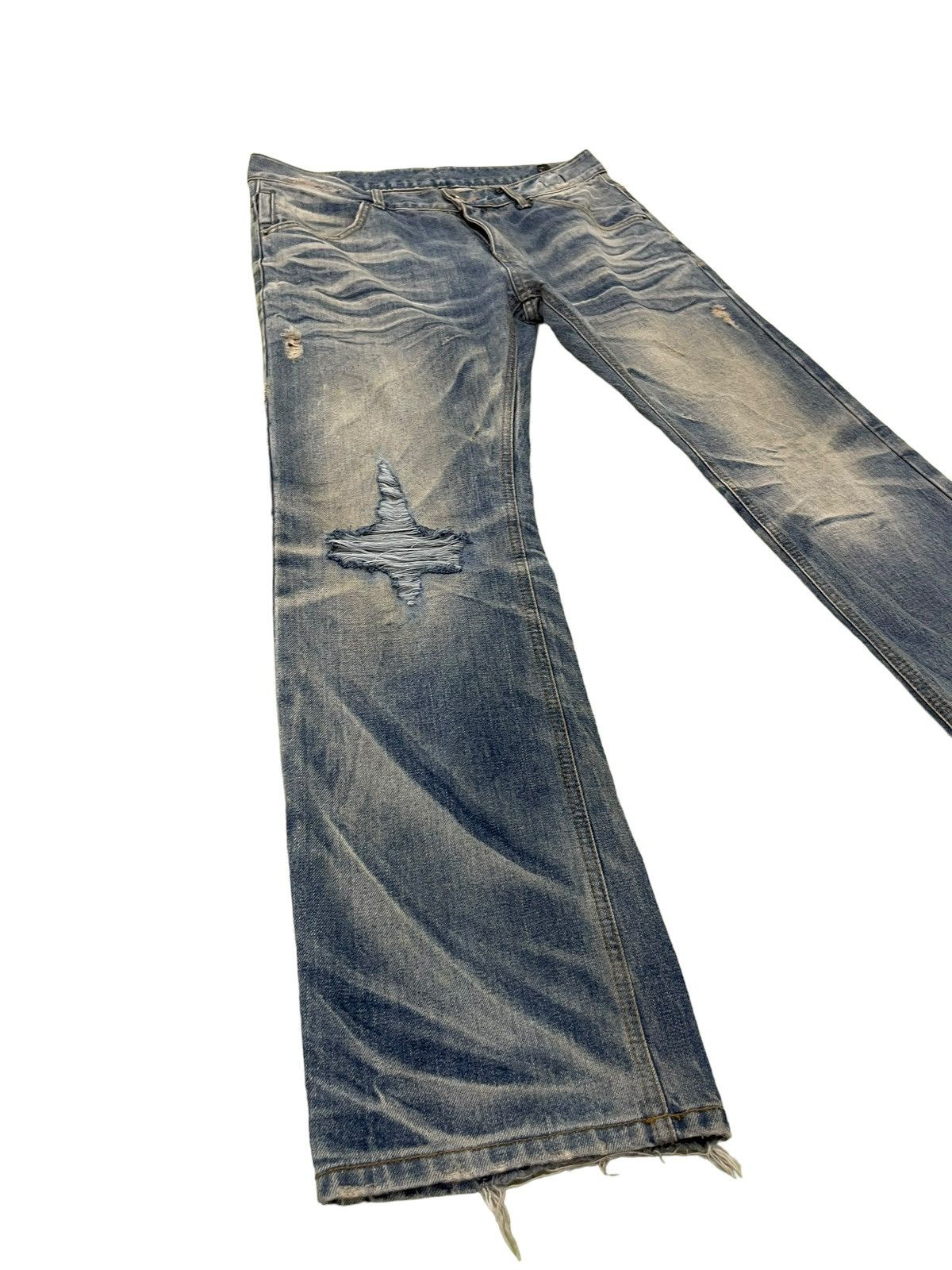 Japanese Brand Slim Jeans Improves Faded Distress Denim 8🟦7 Size US 35 - 2 Thumbnail