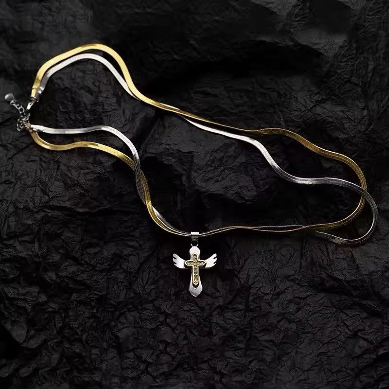 Jewelry Double Layered Wings Cross Pendant Necklaces Size ONE SIZE - 6 Thumbnail