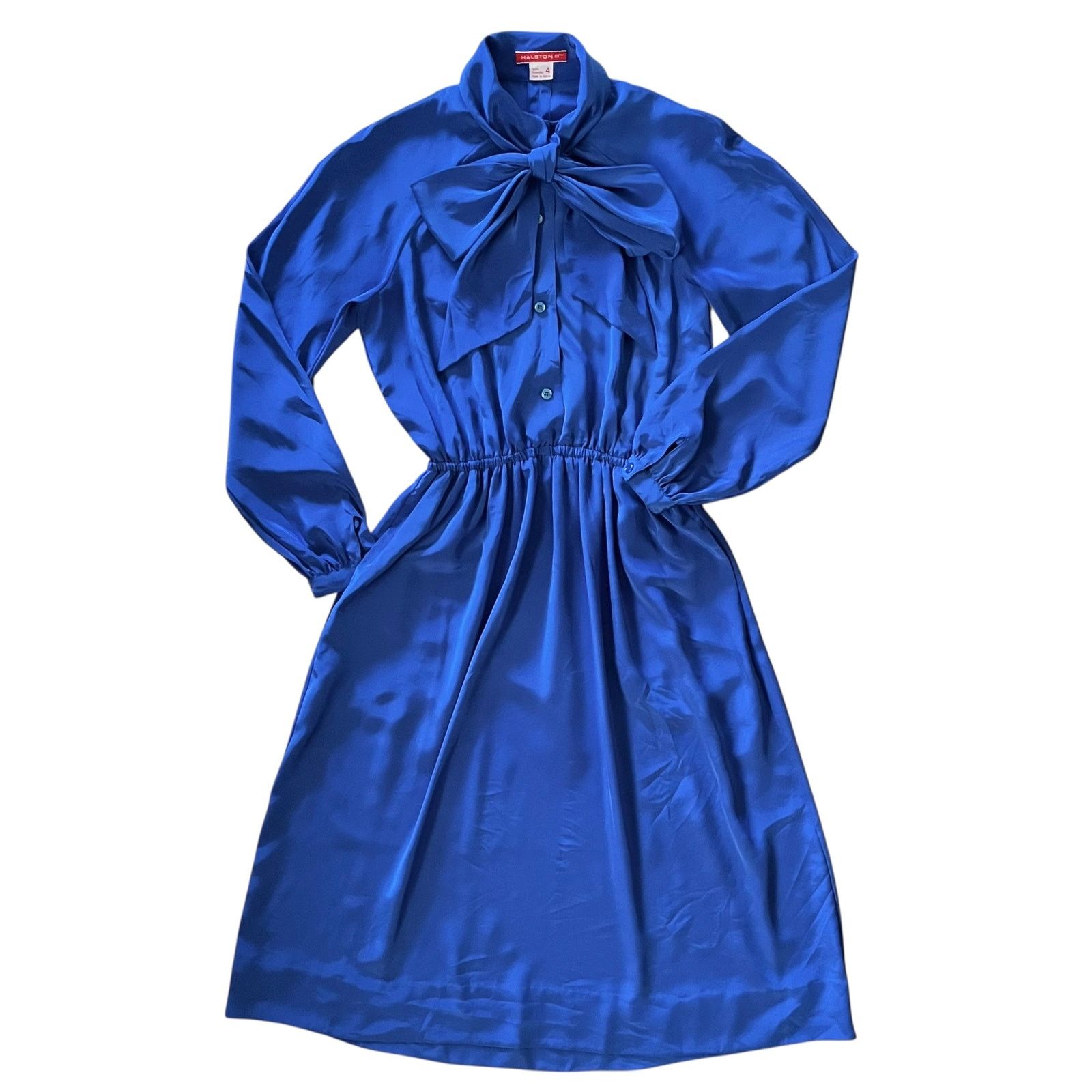 Halston × Vintage Vintage Halston III Blue Satin Tie-Neck Blouson Midi Dress Size XS / US 0-2 / IT 36-38 - 7 Thumbnail