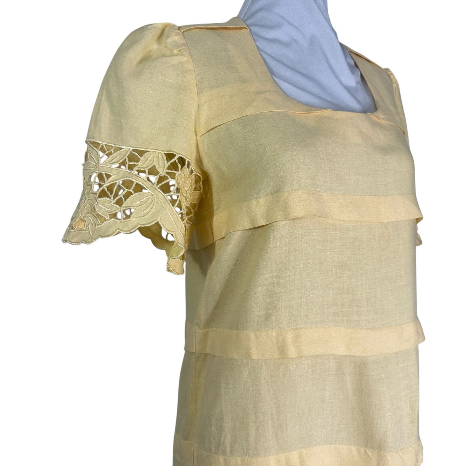 Vintage Vintage 80s Yellow Linen Floral Lace Cottagecore Dress M Size M / US 6-8 / IT 42-44 - 6 Thumbnail