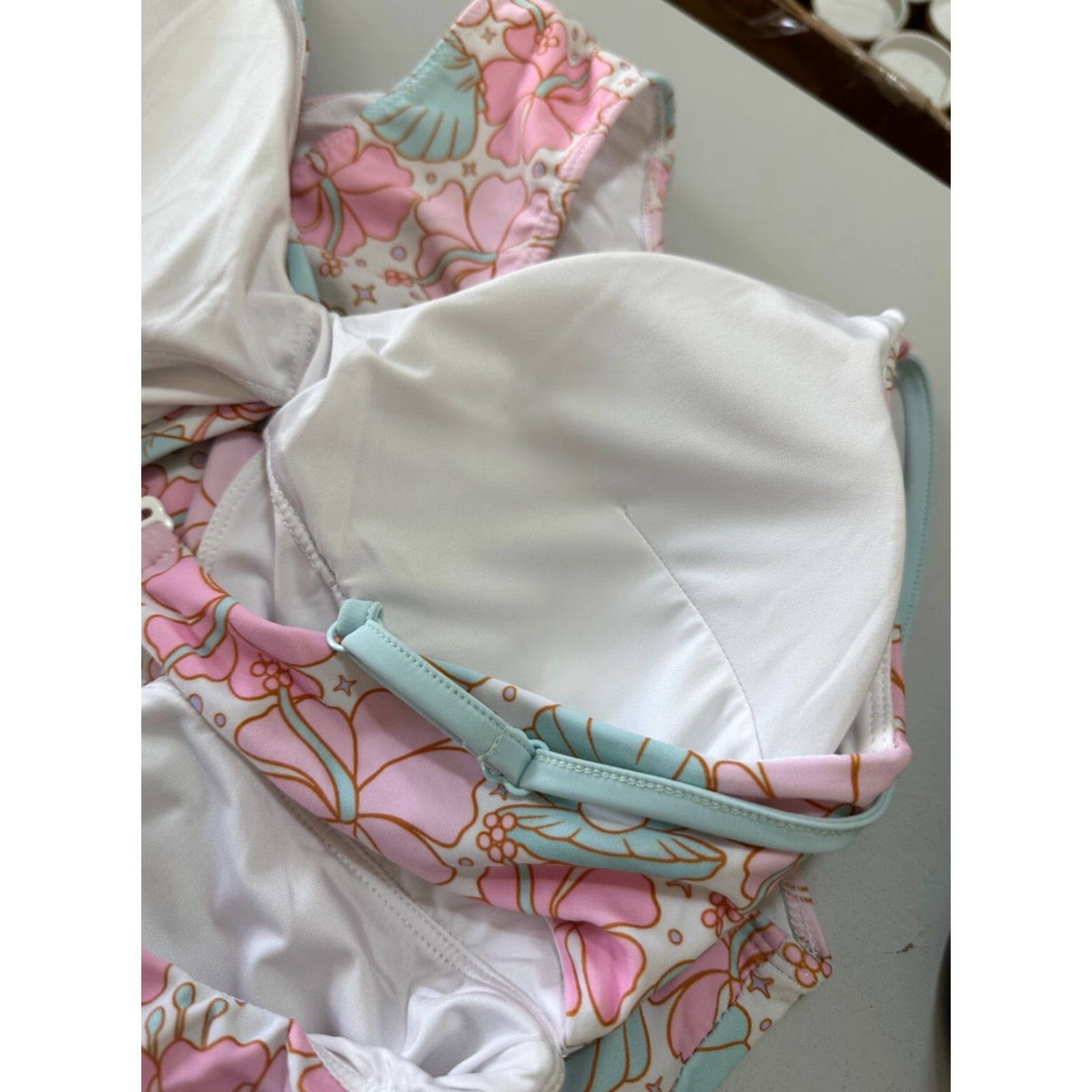 Vintage Caden Lane One-Piece Swimsuit Pink Blue Women's L Floral Spaghetti Straps Padded Stretch Beach Mermaid Size ONE SIZE - 7 Thumbnail