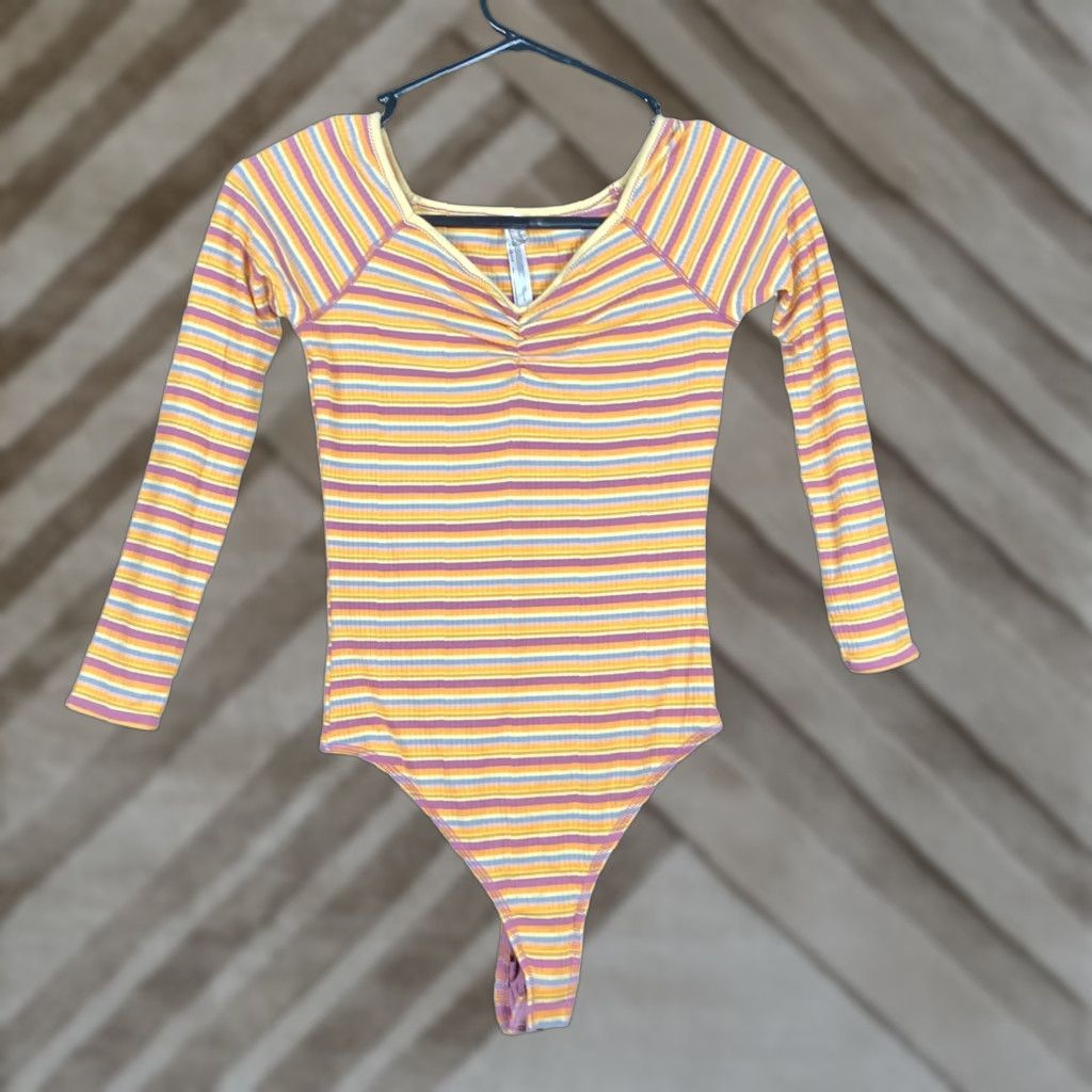 Free People Free People Bodysuit Yellow Striped One Piece Womens S XS Put a Stripe On It Thong Back Preppy casual normcore Cute Size S / US 4 / IT 40 - 1 Thumbnail
