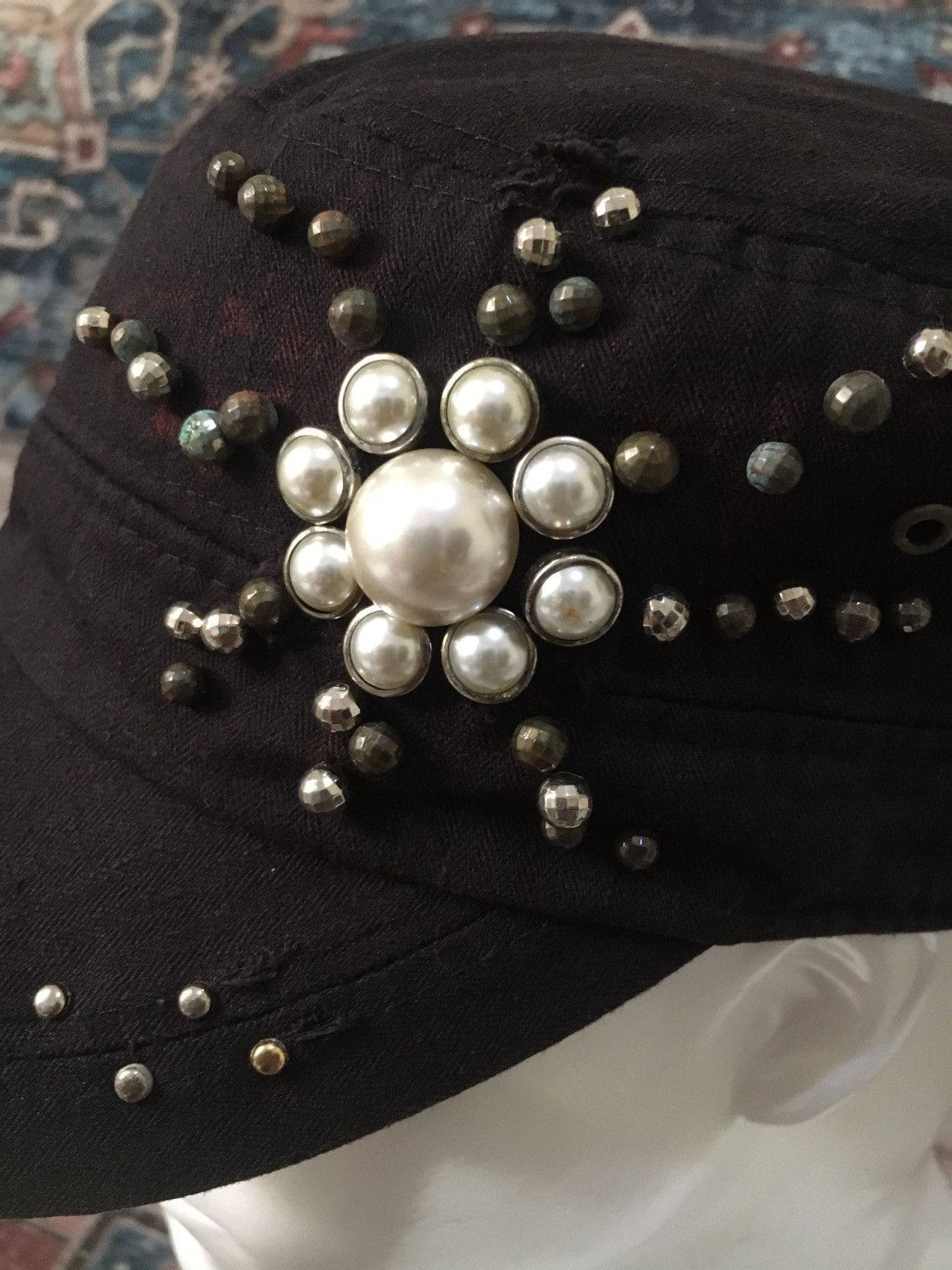 If Six Was Nine × Japanese Brand × Le Grande Bleu (L.G.B.) Black Pearl Studded Patrol Cap Size ONE SIZE - 2 Thumbnail