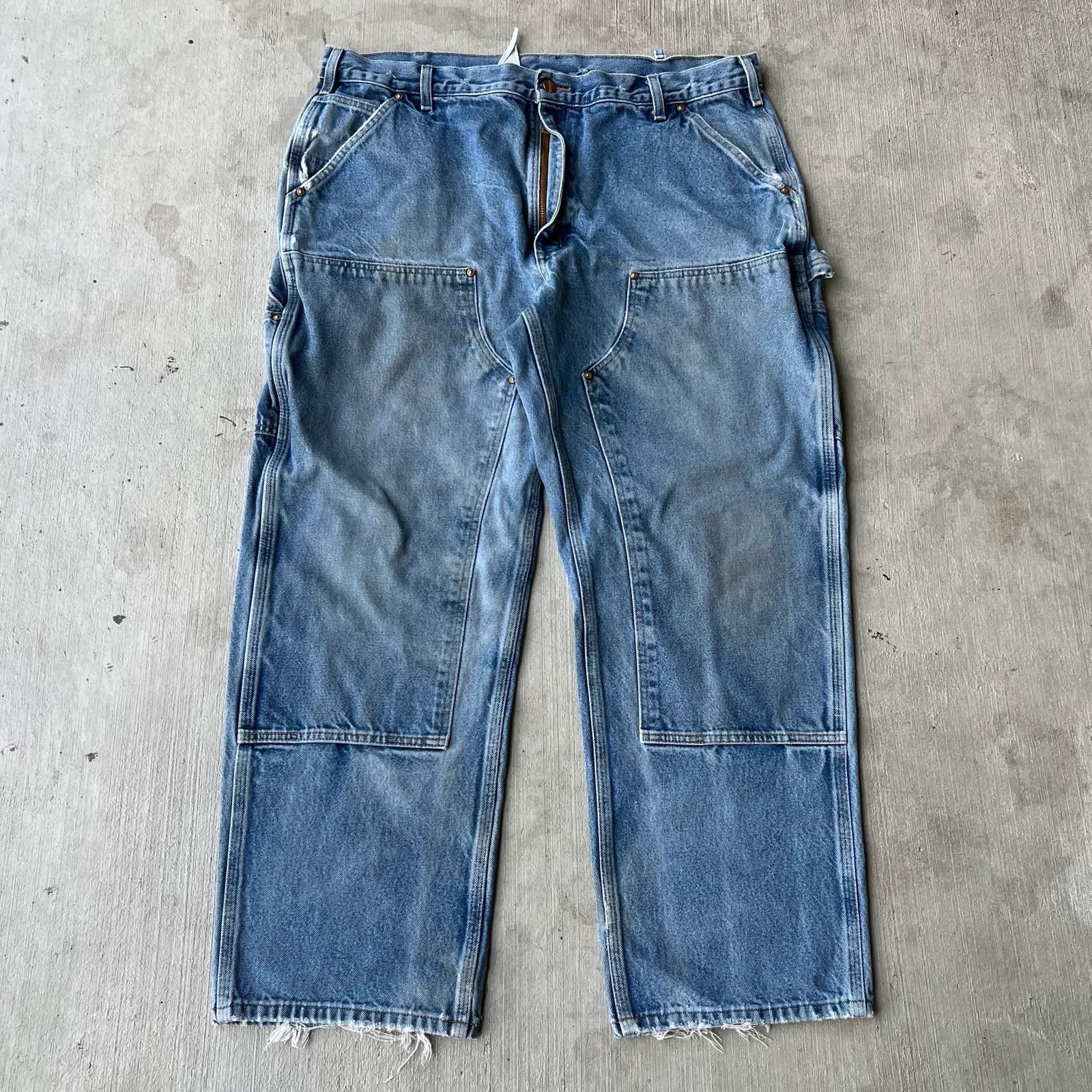 Carhartt faded denim blue jean double knee work wear pants
