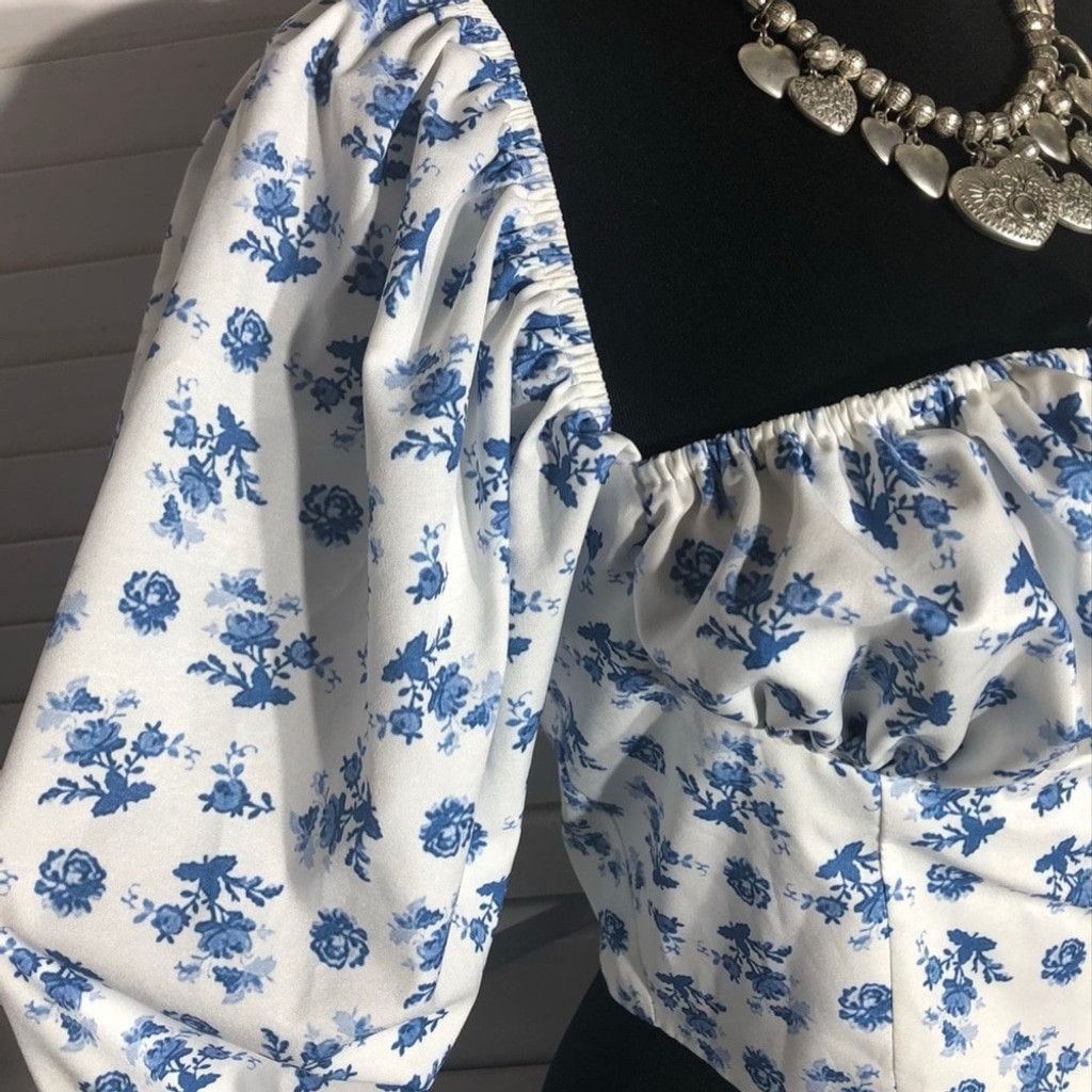 Vintage Y2K boho Cropped Top Tie Trumpet Sleeves Floral Blue White M Size M / US 6-8 / IT 42-44 - 7 Thumbnail
