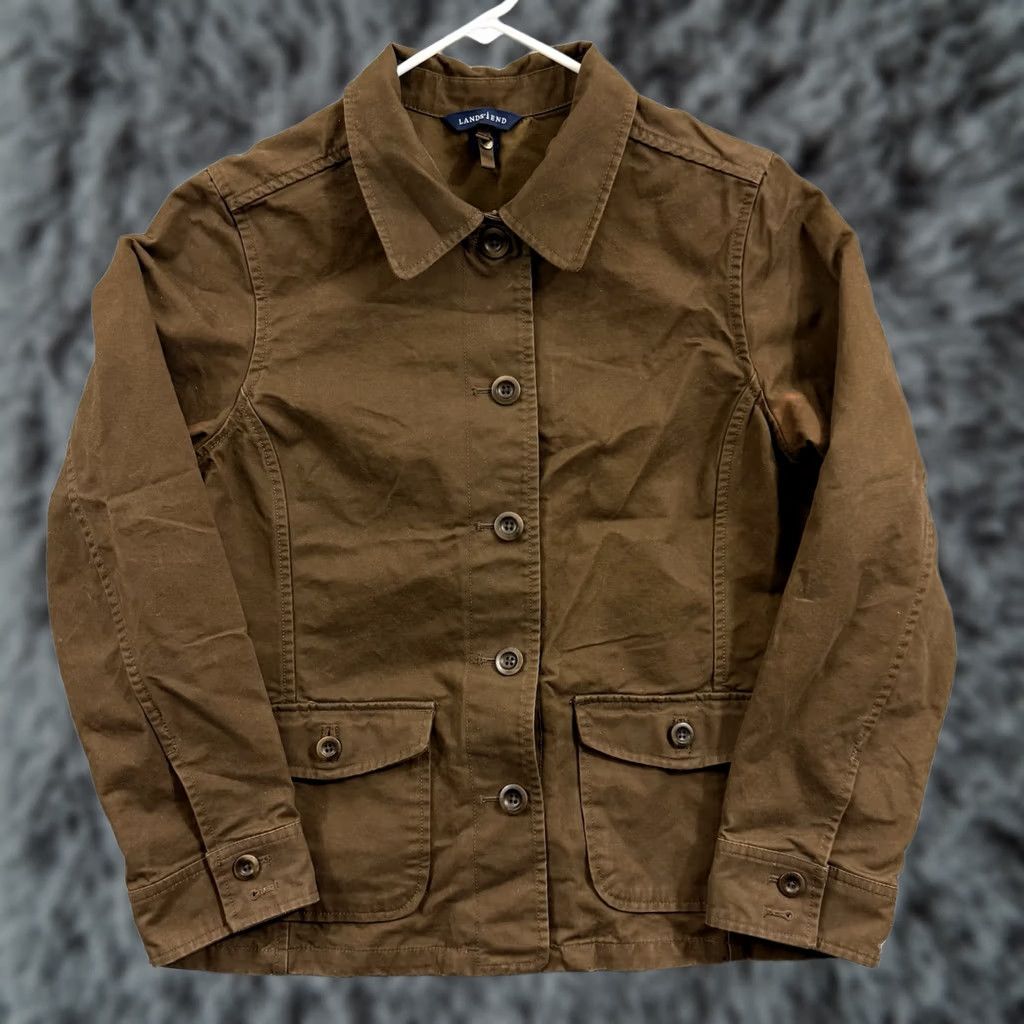 Lands' End Lands' End Jacket Womens Small Brown Waxed Chore Utility Button Outdoor Barn Cotton Canvas Belted Lined Mid-Length Long Sleeve Classic Fit Size S / US 4 / IT 40 - 1 Thumbnail