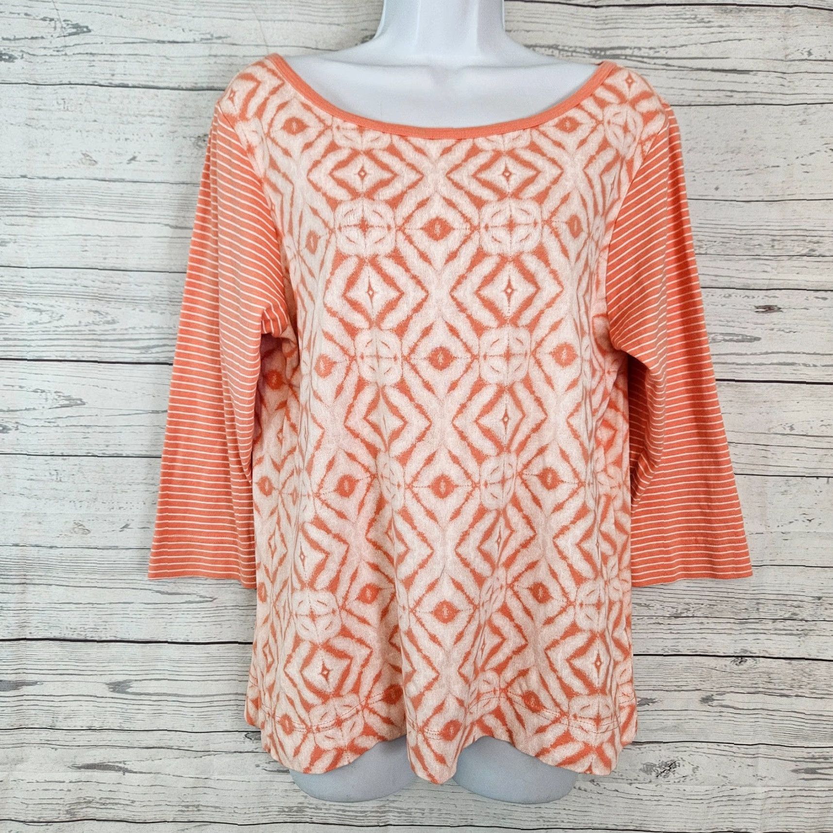 Vintage Fresh Produce Womens Top Shirt XL Coral 3/4 Sleeve Striped Cotton Size XL / US 12-14 / IT 48-50 - 2 Thumbnail