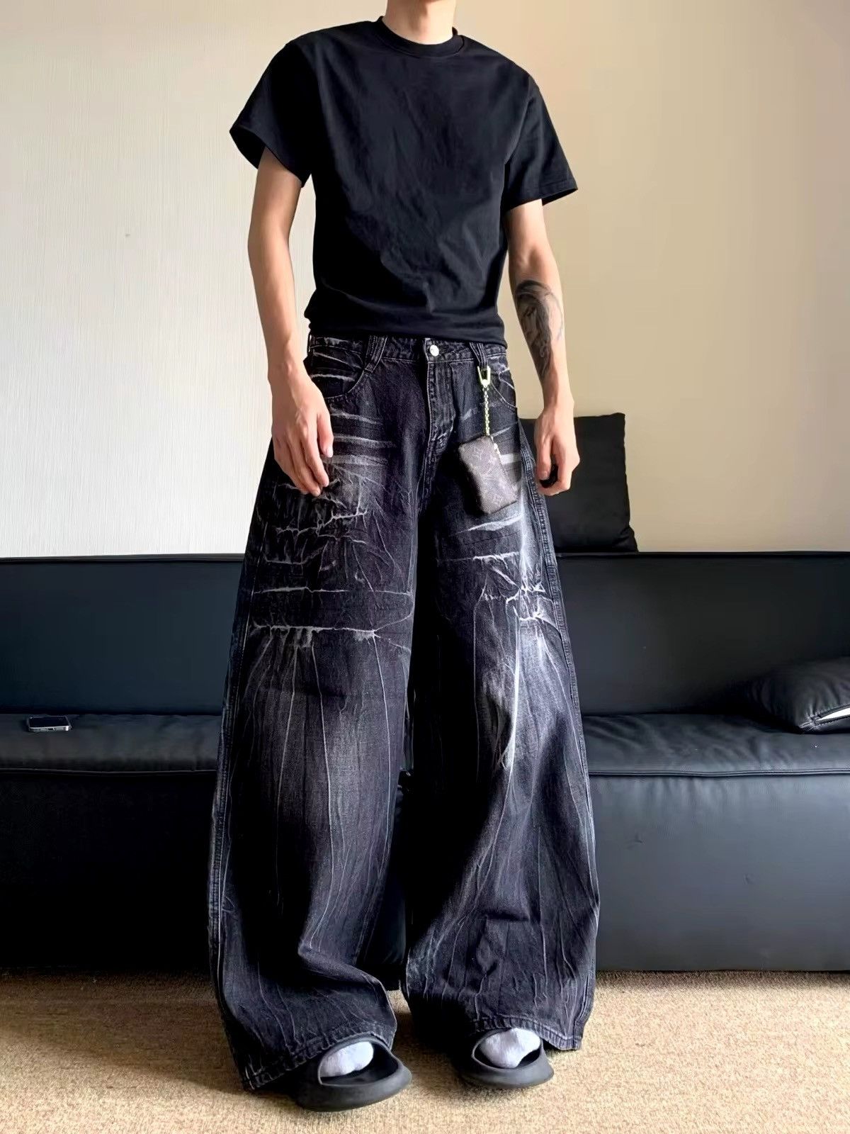 Japanese Brand Vintage washed and distressed graffiti stripe baggy jeans Size US 34 / EU 50 - 5 Thumbnail