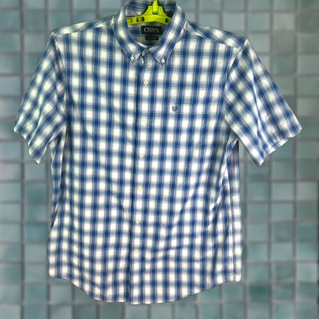 Chaps Chaps Shirt Button-Up Short Sleeve Blue/White Check Easy Care Mens L Size US L / EU 52-54 / 3 - 1 Thumbnail
