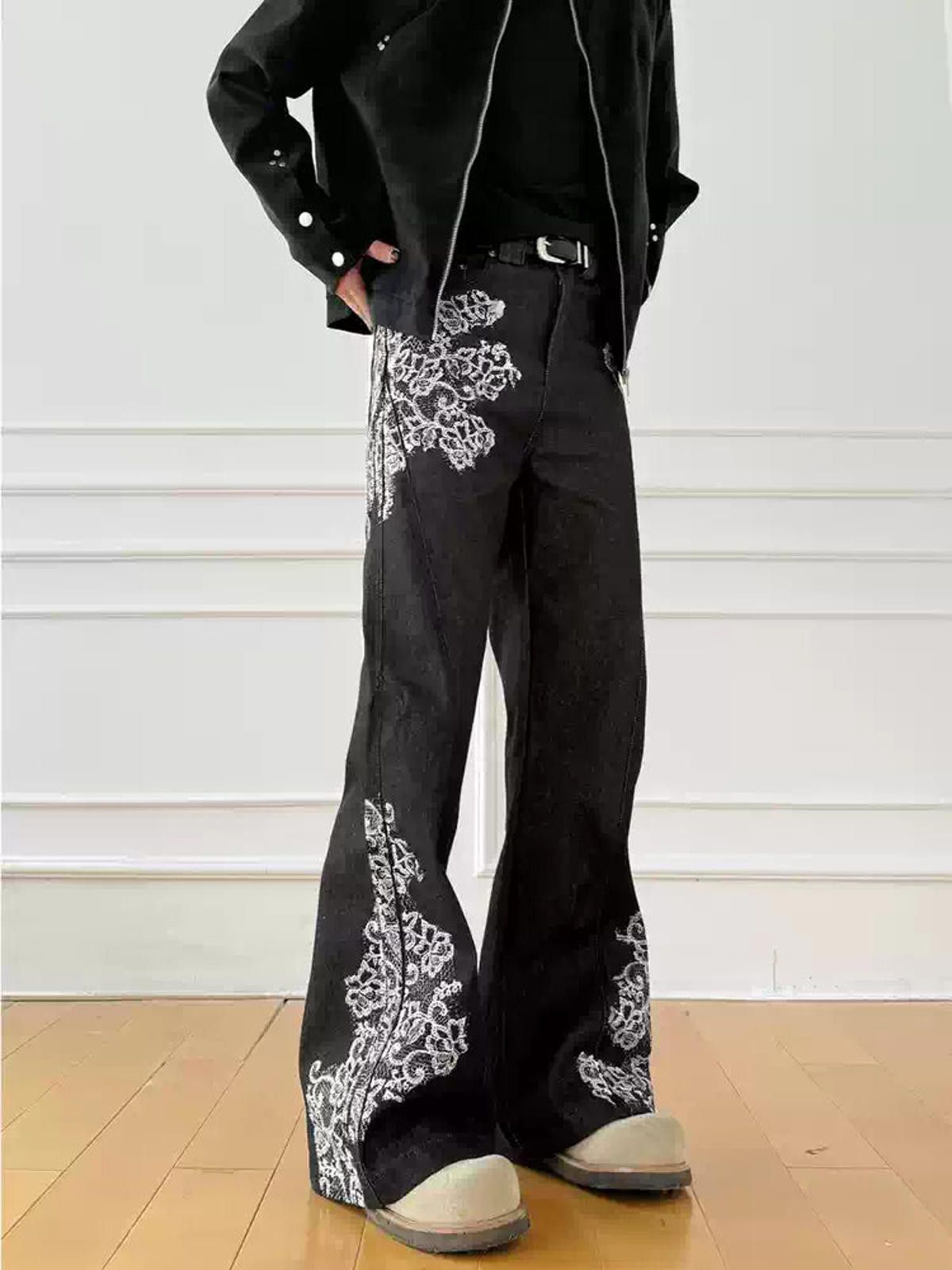 Black Wide Leg Jeans with White Floral Print Flared Fit