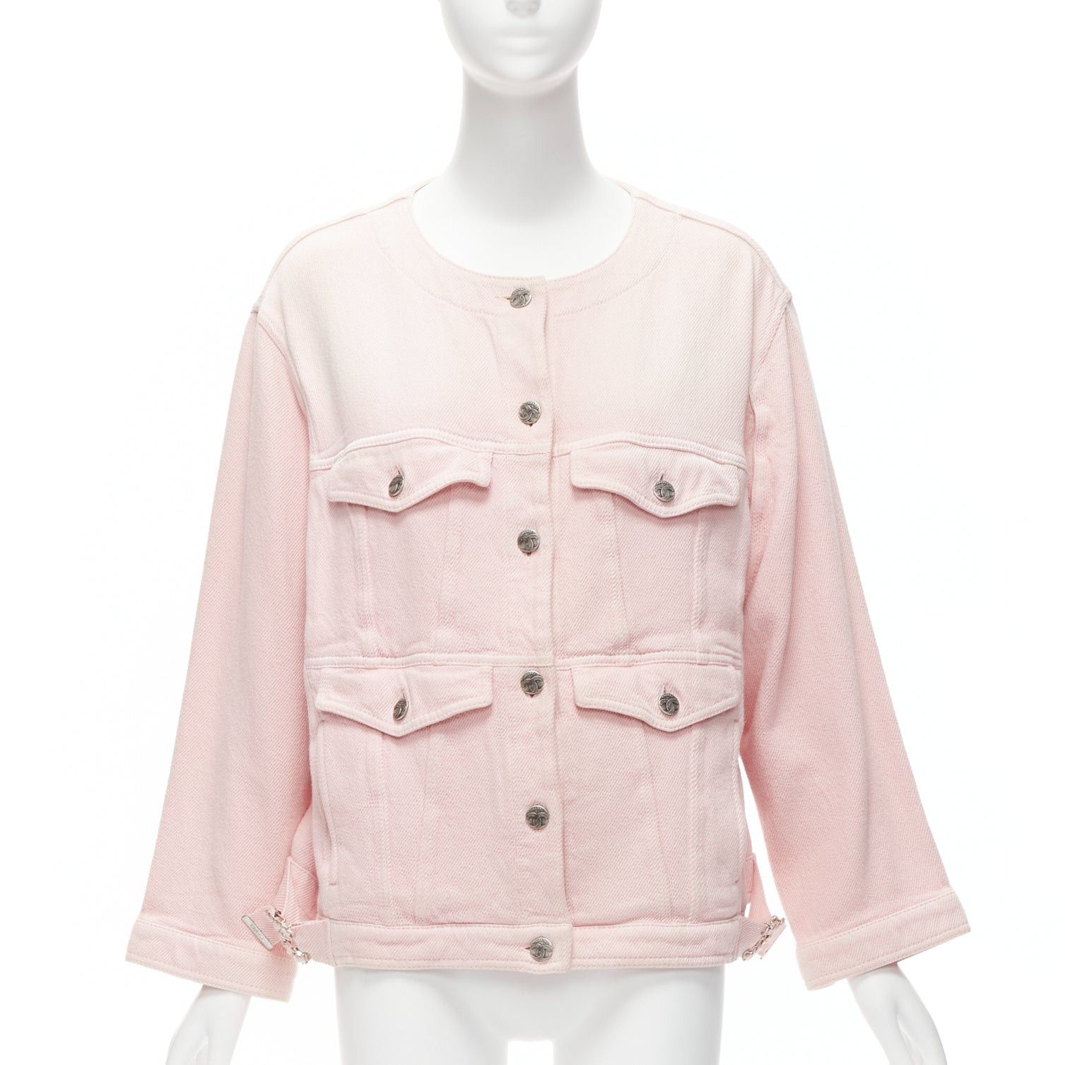 Chanel CHANEL 2019 pink cotton 4 pockets CC buttons collarless oversized trucker jacket FR34 XS Size XS / US 0-2 / IT 36-38 - 1 Thumbnail