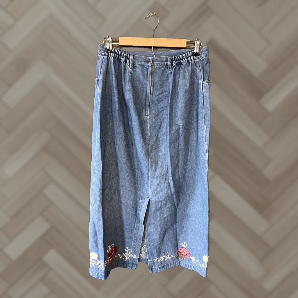 Denim & Co. VINTAGE Denim&Co Women Large Embroidered Denim Maxi Skirt Blue 35" Length L Patchwork Coastal Prairie Boys GirlsMens Womens Size 36" / US 14 / IT 50 - 1 Thumbnail
