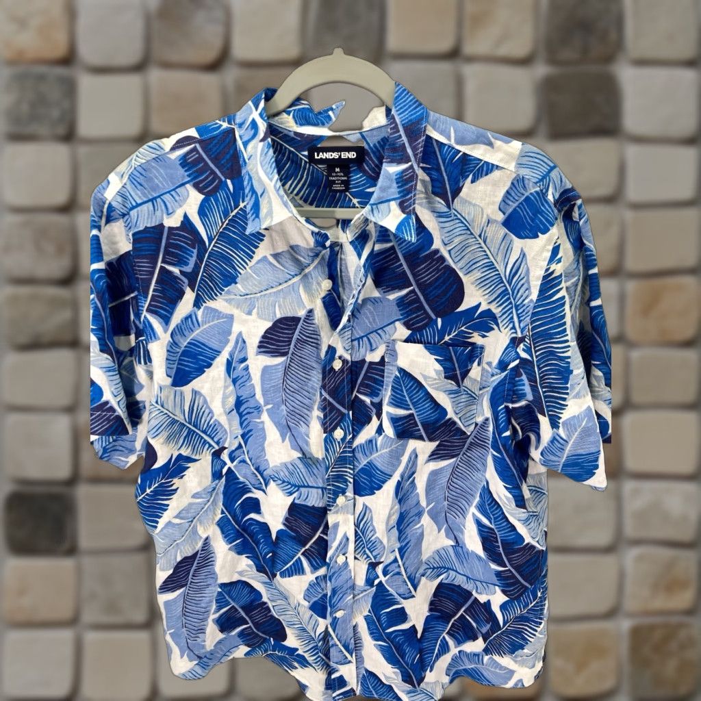 Lands' End Lands' End Linen Cabana Shirt Men M Blue Floral Button Short Sleeve Shirt Size US M / EU 48-50 / 2 - 1 Thumbnail