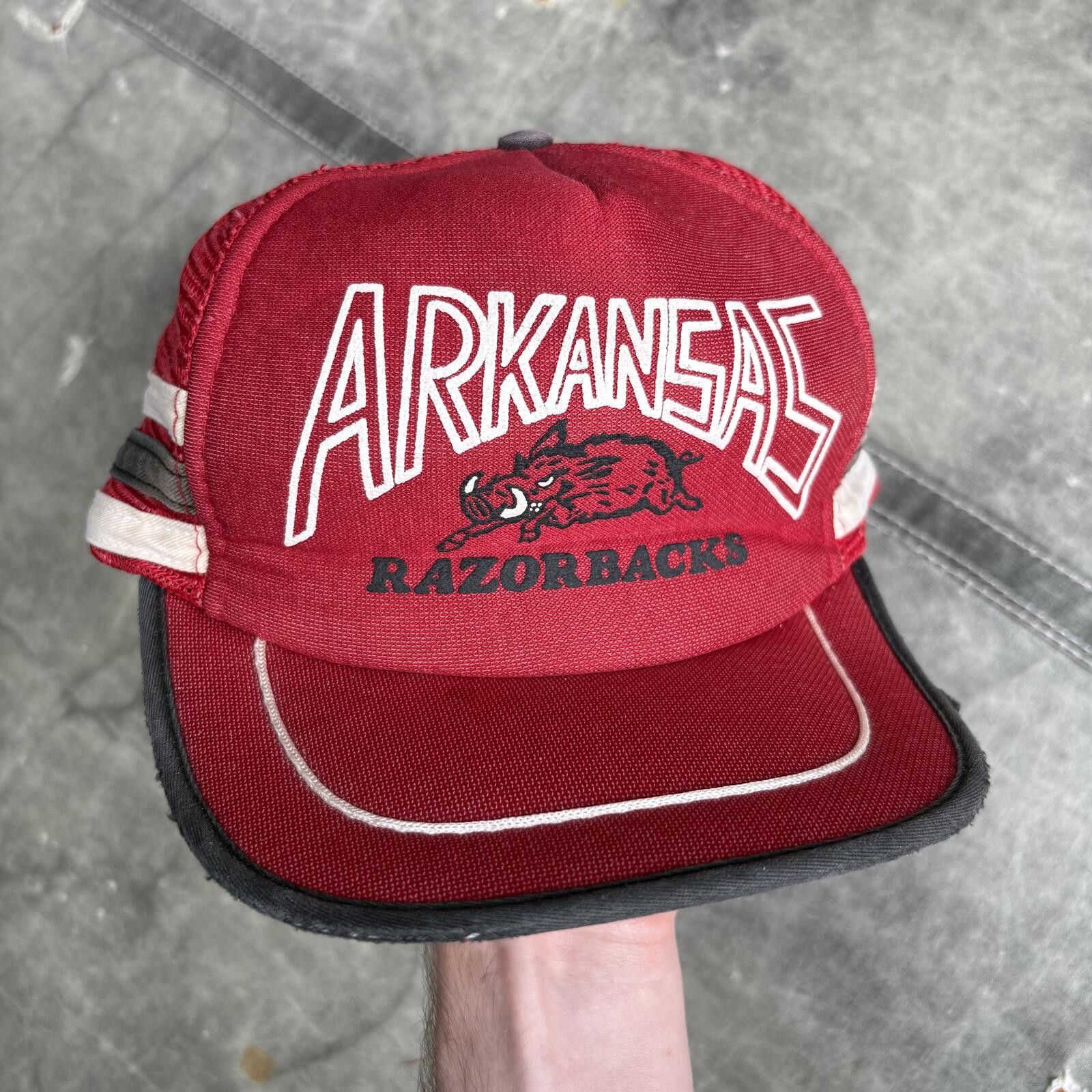 Vintage Vintage 80s Arkansas Razorbacks 3 Stripe Sports Trucker Hat Size ONE SIZE - 1 Thumbnail