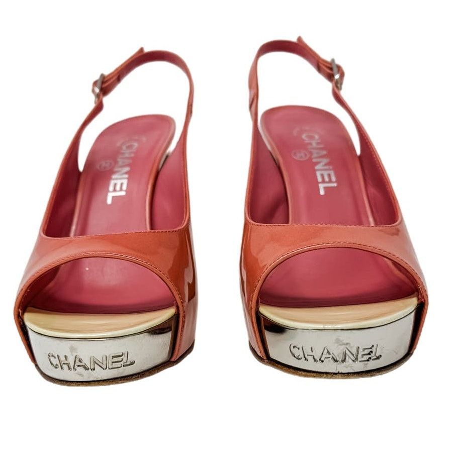 Chanel Chanel Pink Patent Platform Block Heel Sling Backs size 37.5 Size US 7.5 / IT 37.5 - 3 Thumbnail