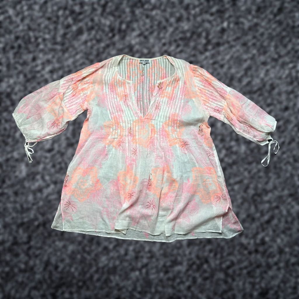 Vintage Juliet Dunn London Summer Cotton Dress Flowers pattern pink Womens One Size Midi Short Sleeve Dress Womens Pink Flowers pattern Fashion Sundress 90s? Size ONE SIZE - 1 Thumbnail