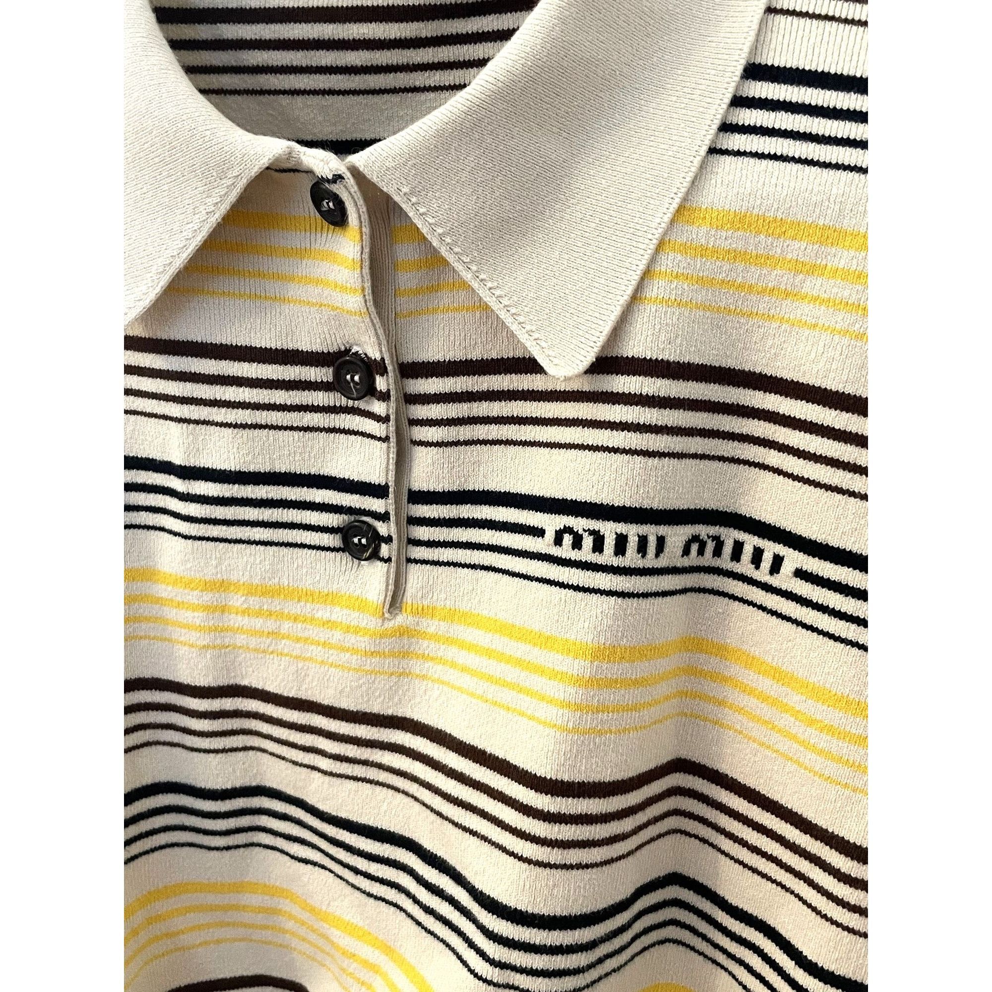 Miu Miu Miu Miu Womens Striped Knit Polo Shirt Beige Yellow Black Ma Size M / US 6-8 / IT 42-44 - 4 Thumbnail