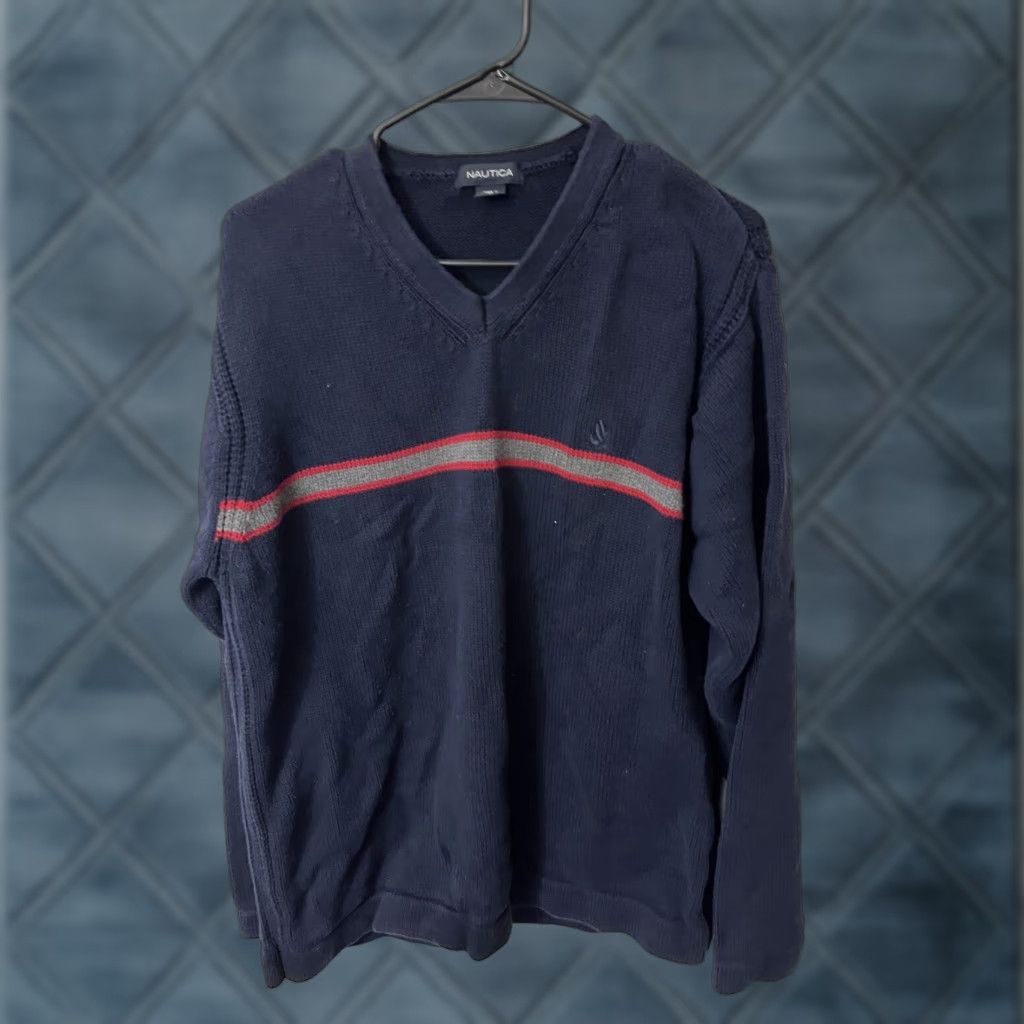 Nautica Nautica Men’s V-Neck Pullover Sweater Large 100% Cotton Navy Blue Size US L / EU 52-54 / 3 - 1 Thumbnail