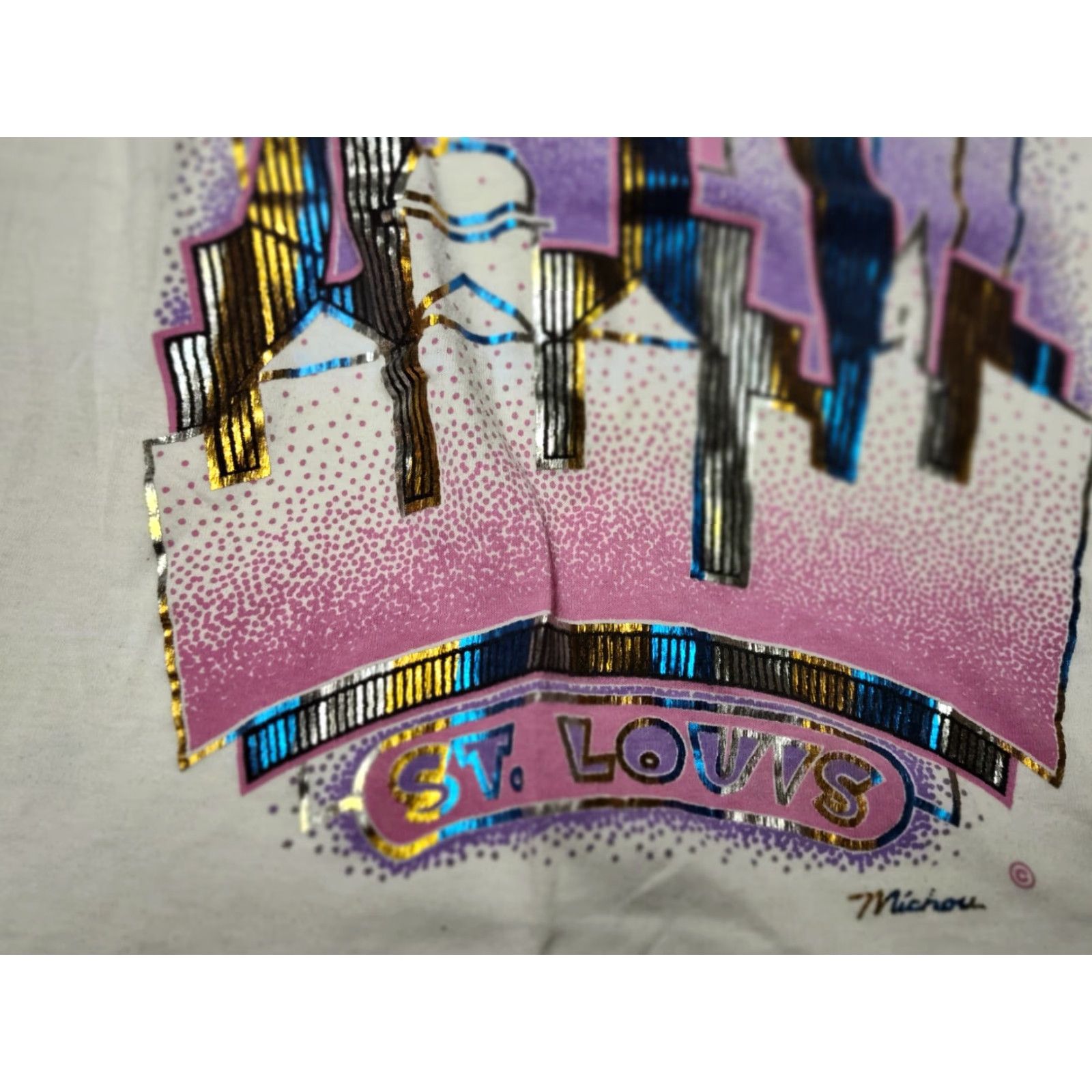 Vintage VINTAGE Michou Graphic T-Shirt St Louis Arch Short Sleeve Crew Neck White Adult Small 90s Mens Size US S / EU 44-46 / 1 - 3 Thumbnail