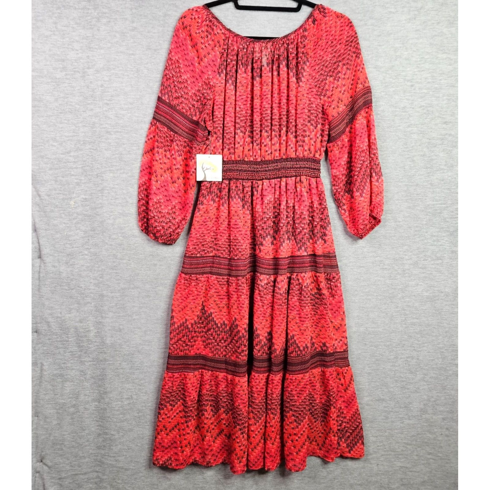 Vintage Fig & Flower Red Boho Midi Dress Long Sleeve Women M New Smocked Waist Dress Midi Bohemian Solid Red Women M New Size M / US 6-8 / IT 42-44 - 2 Thumbnail