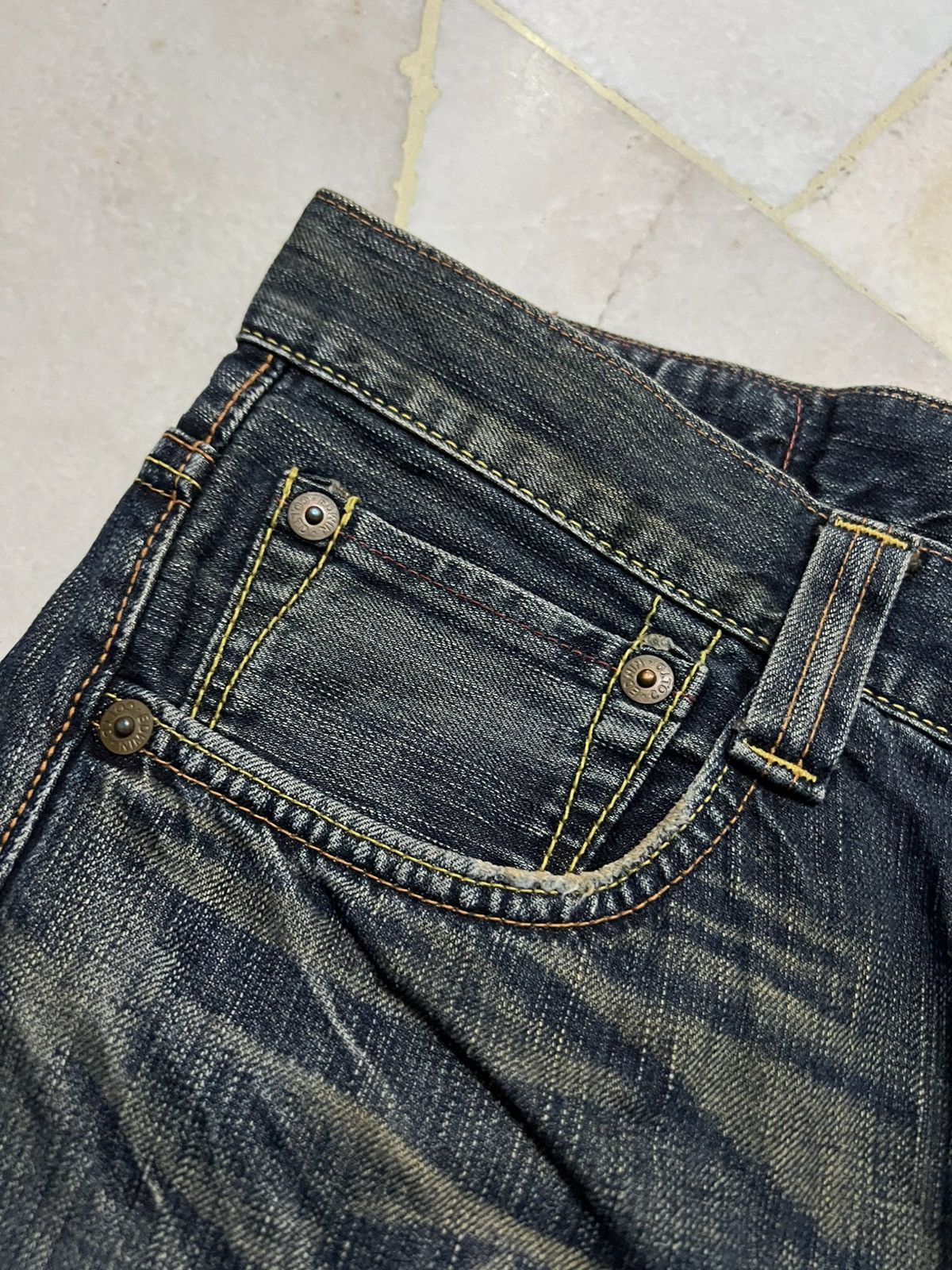 Edwin × Vintage 💥Flare💥Edwin 503 Blue Trip Distress Jean Size US 35 - 10 Thumbnail
