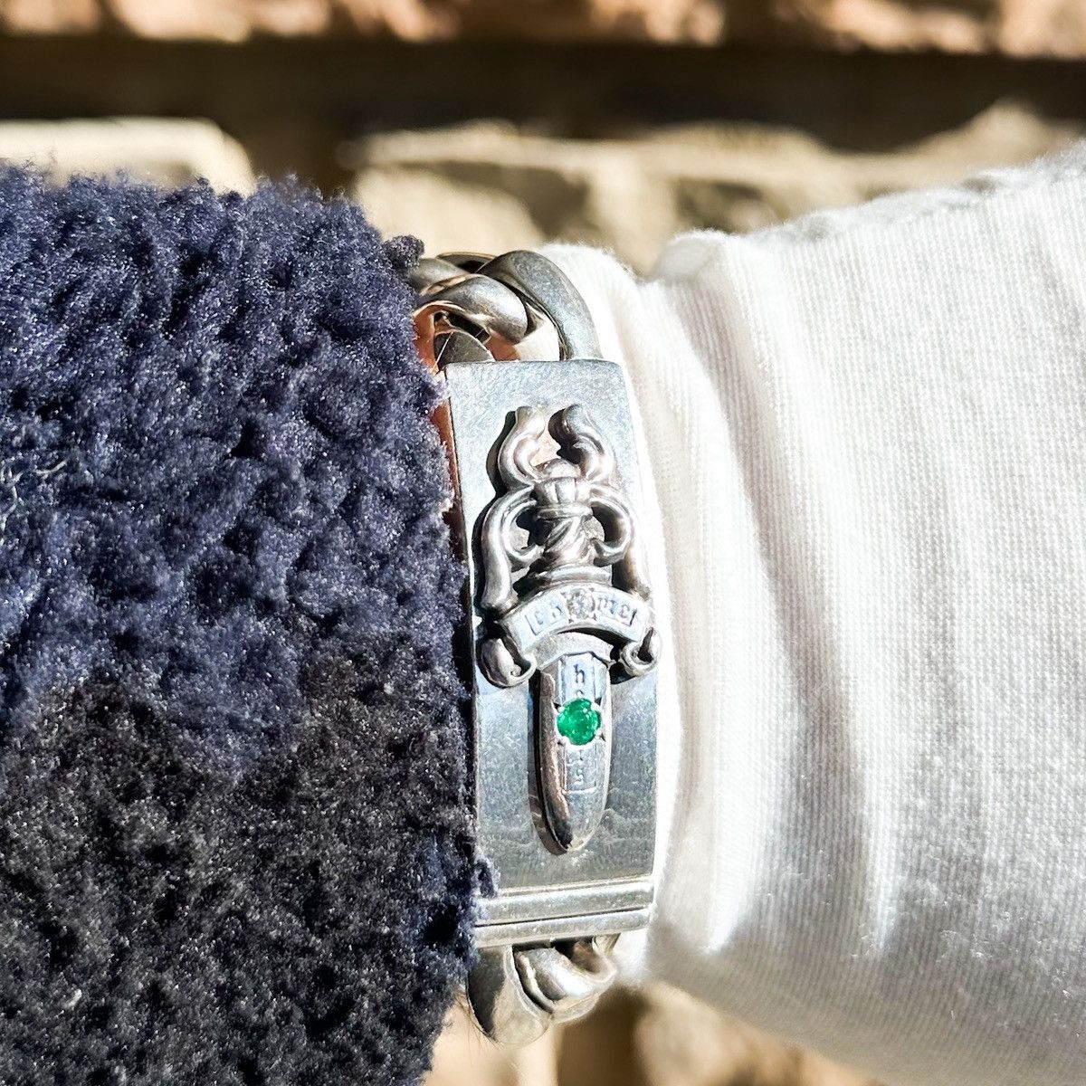 Chrome Hearts Emerald & Diamond Dagger ID Silver Cuban Link Bracelet Size ONE SIZE - 6 Thumbnail
