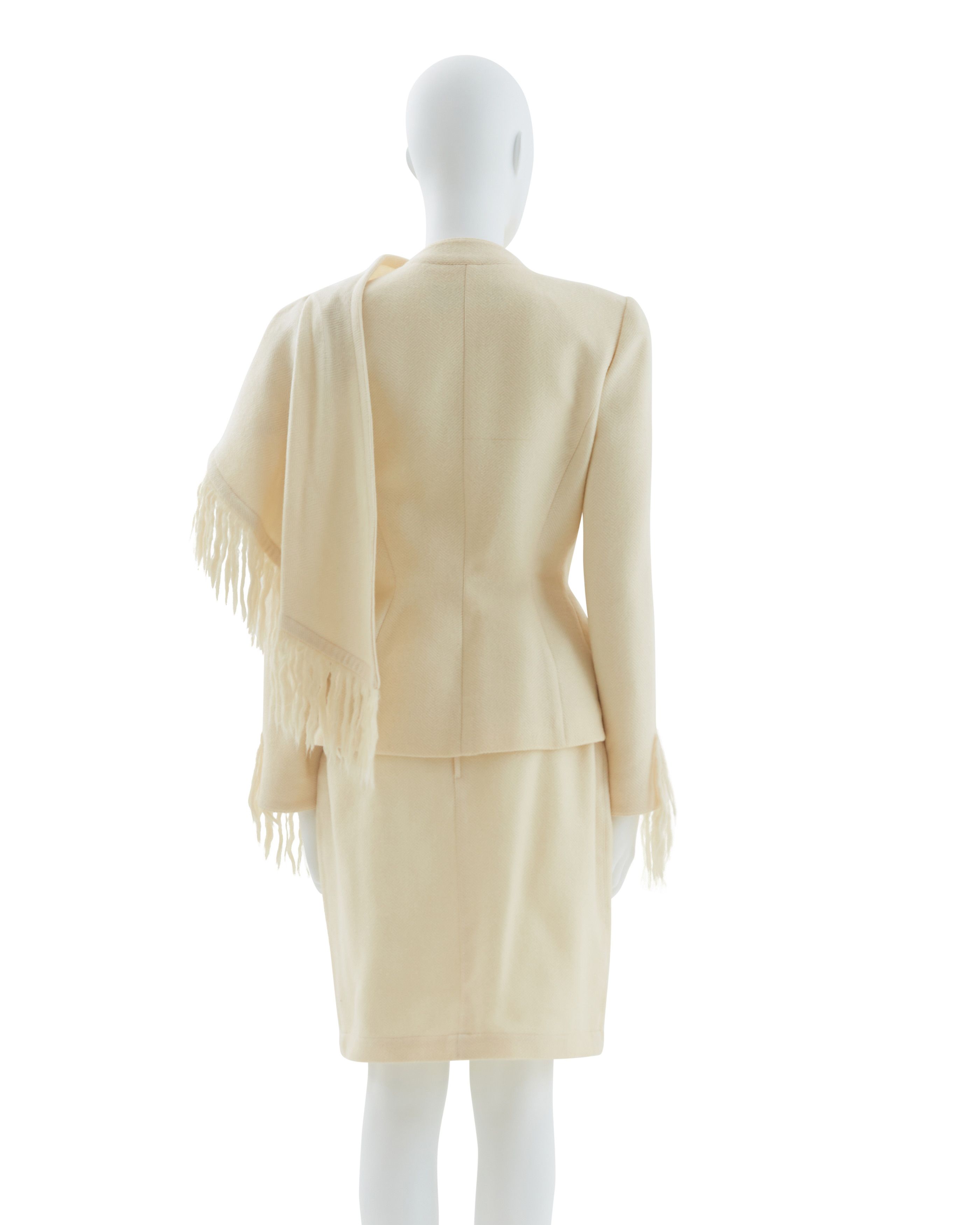 Thierry Mugler Off-white mohair fringe scarf collar jacket and skirt suit Size M / US 6-8 / IT 42-44 - 3 Thumbnail