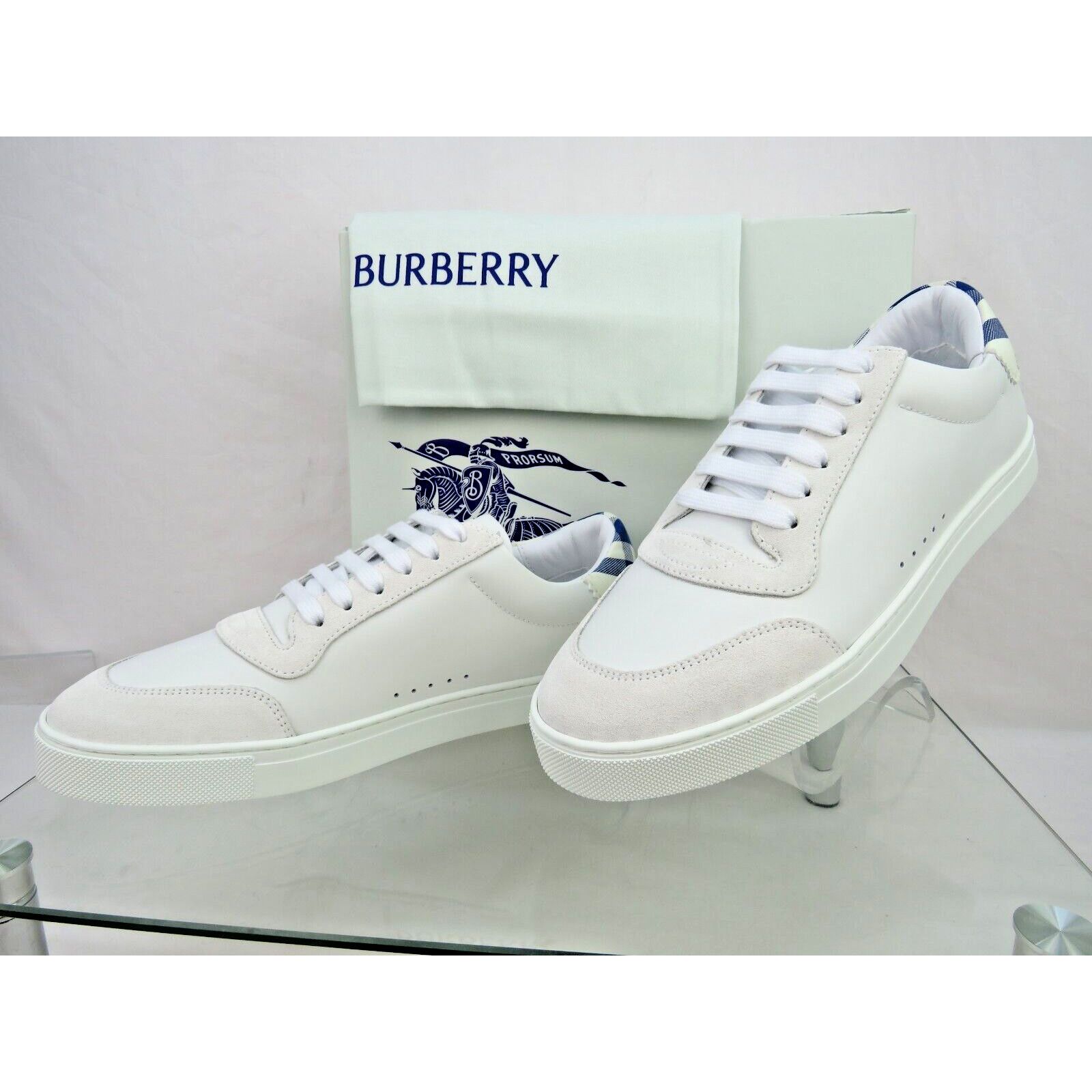 Burberry BURBERRY ROBIN WHITE BLUE CHECK LEATHER LOGO SNEAKERS 11.5 Size US 11.5 / EU 44-45 - 8 Thumbnail