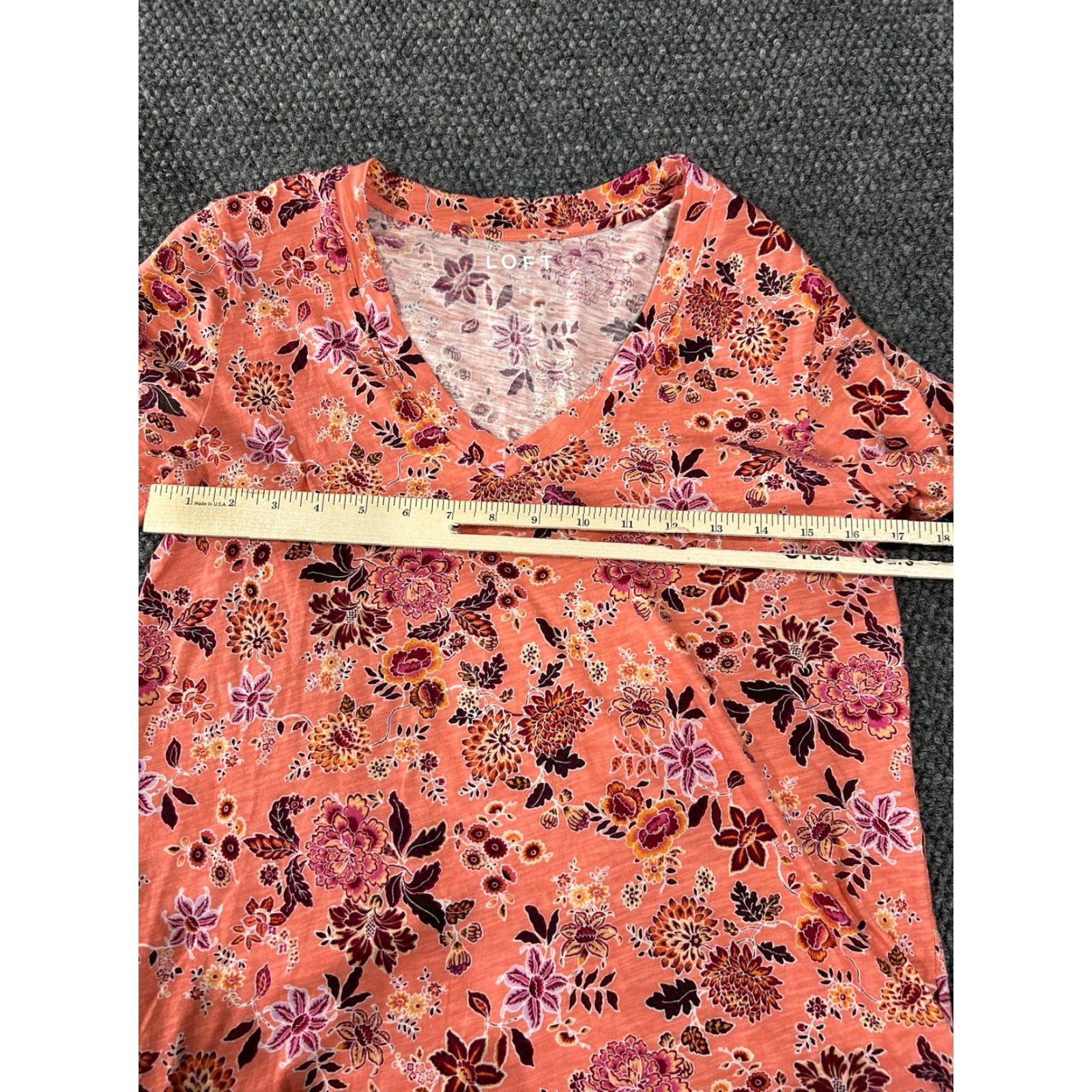 Loft Loft Shirt Womens Medium Orange Floral V-Neck Short Sleeve Cotton Tee Top Size M / US 6-8 / IT 42-44 - 6 Thumbnail