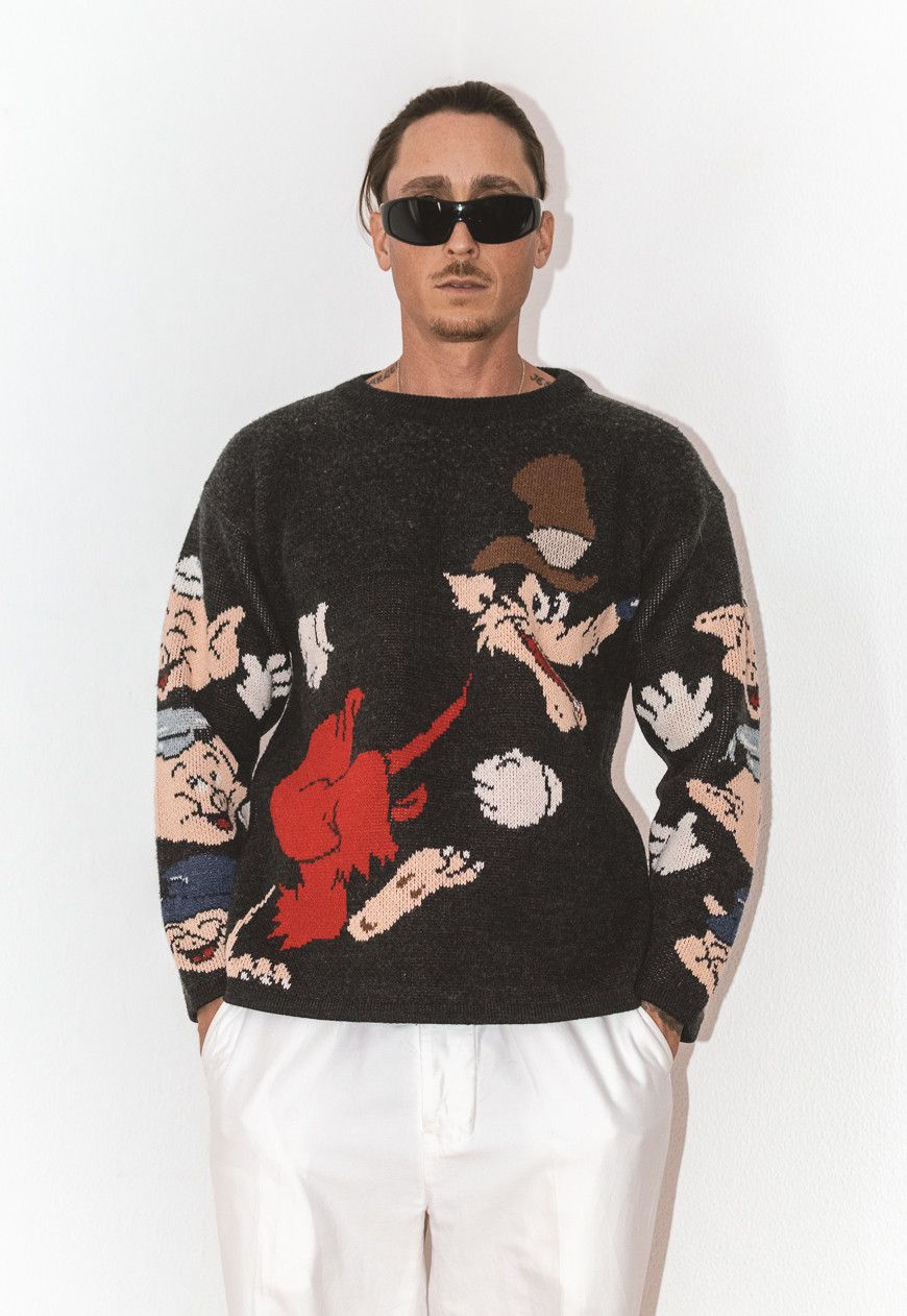 image of Vintage 90's Collectible Disney Big Bad Wolf Chunky Sweater in Black Gray, Men's (Size Large)