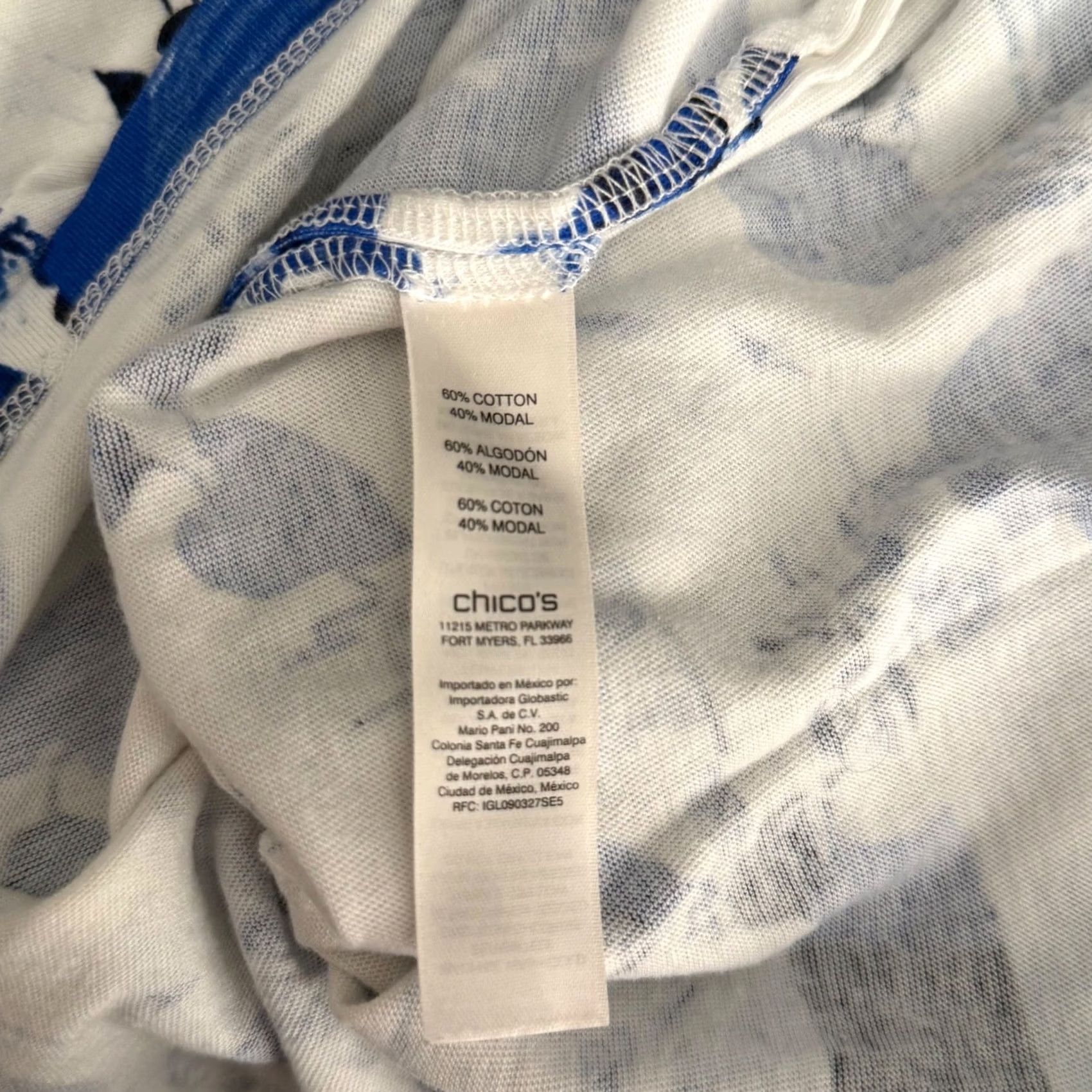 Vintage Chicos Womens One Size Floral Striped Cold Shoulder Knit Cotton Modal Top Blue White Summer Beach Casual Womens Size ONE SIZE - 6 Thumbnail